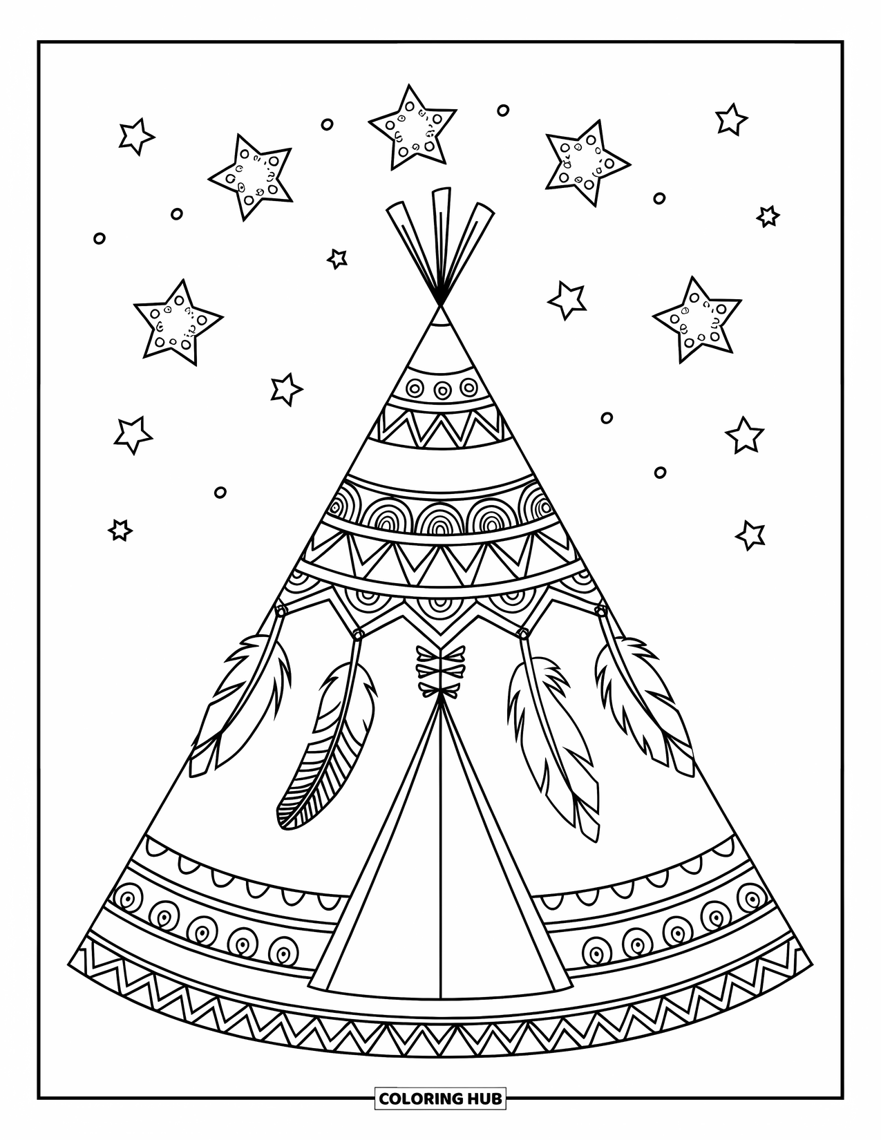 Boho Coloring Page for Kids: A tipi tent with feathers and stars sits under a peaceful sky