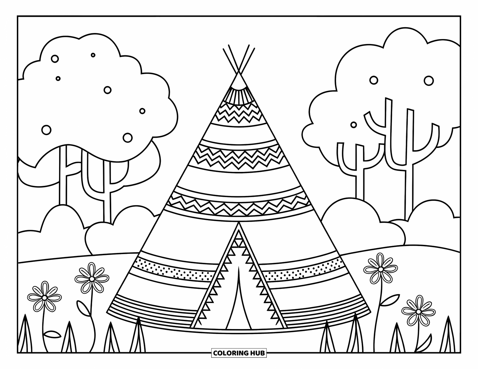 Boho Coloring Page for Kids: A tipi with bold patterns is surrounded by grass, flowers, and trees