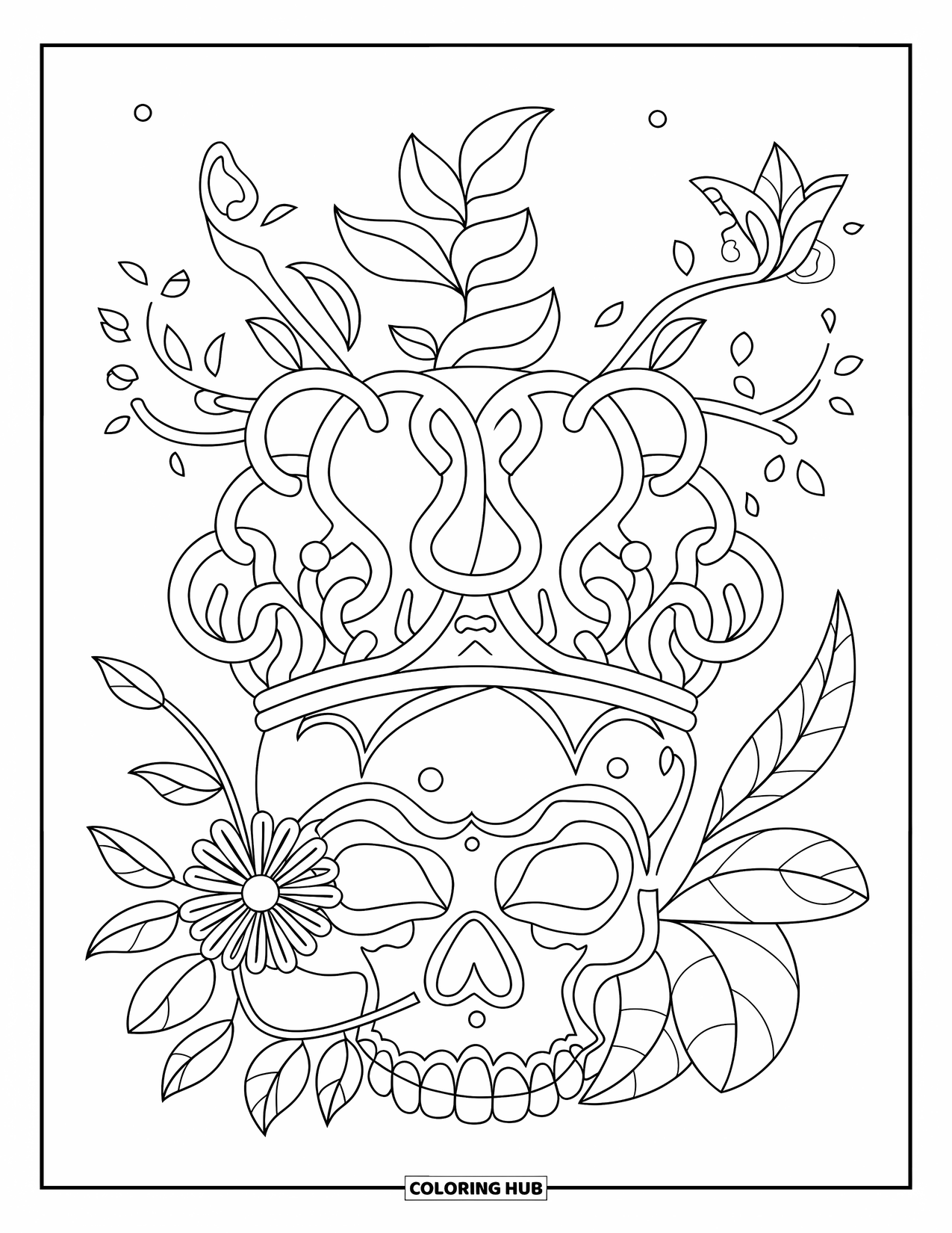 Boho Coloring Page for Kids: A vine crown with leaves rests on a skull with flowers and a butterfly