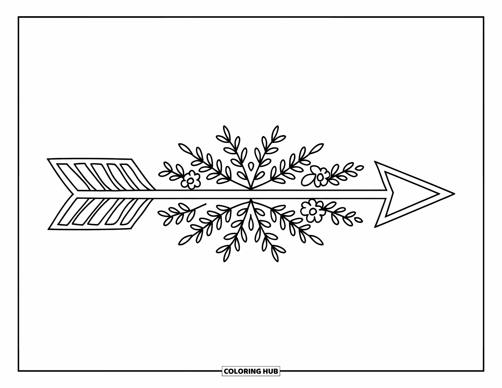 Boho Coloring Page for Kids: An upward boho arrow is decorated with flowers, leaves, and zigzags