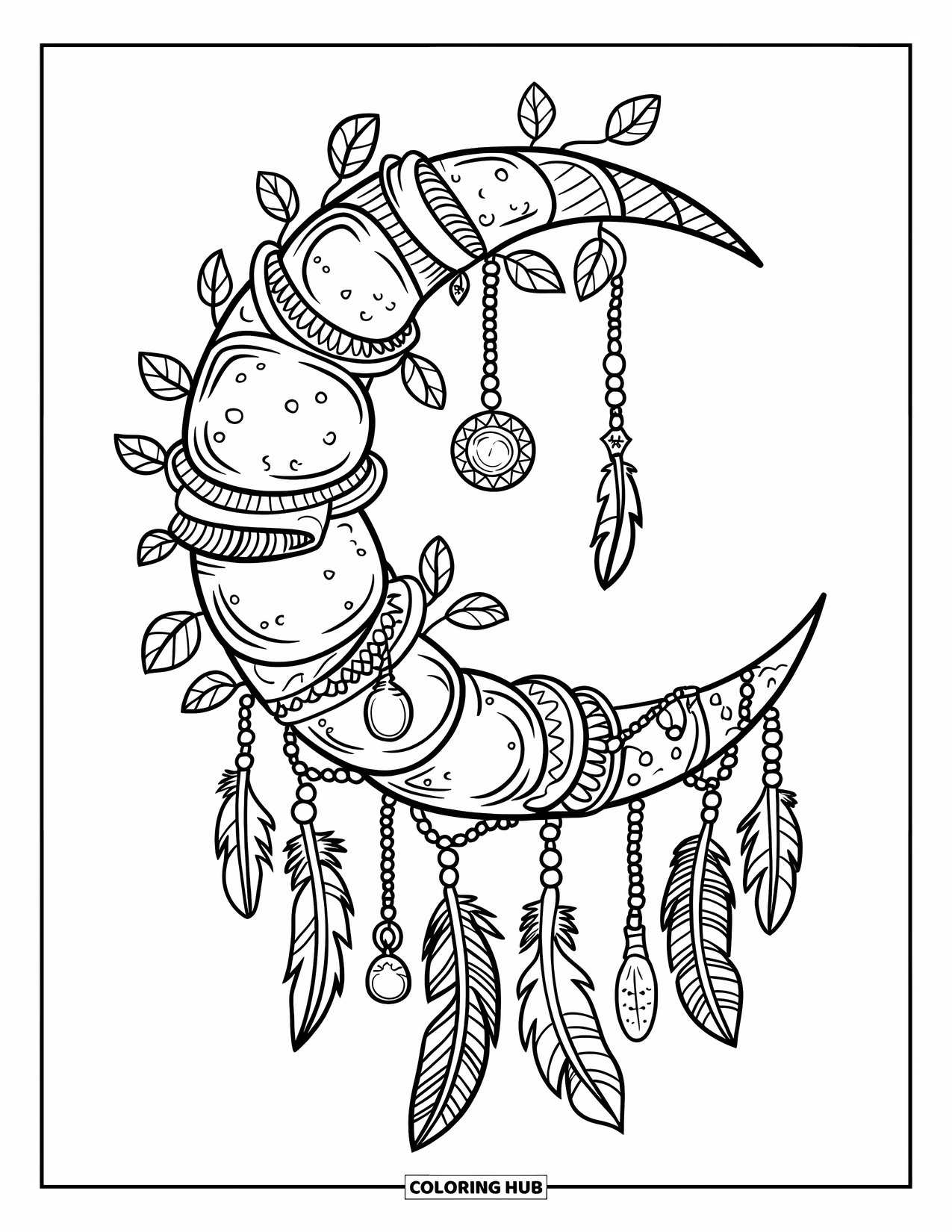 Boho Coloring Page for Kids: Feather strands hang from a vine-wrapped moon with soft boho textures