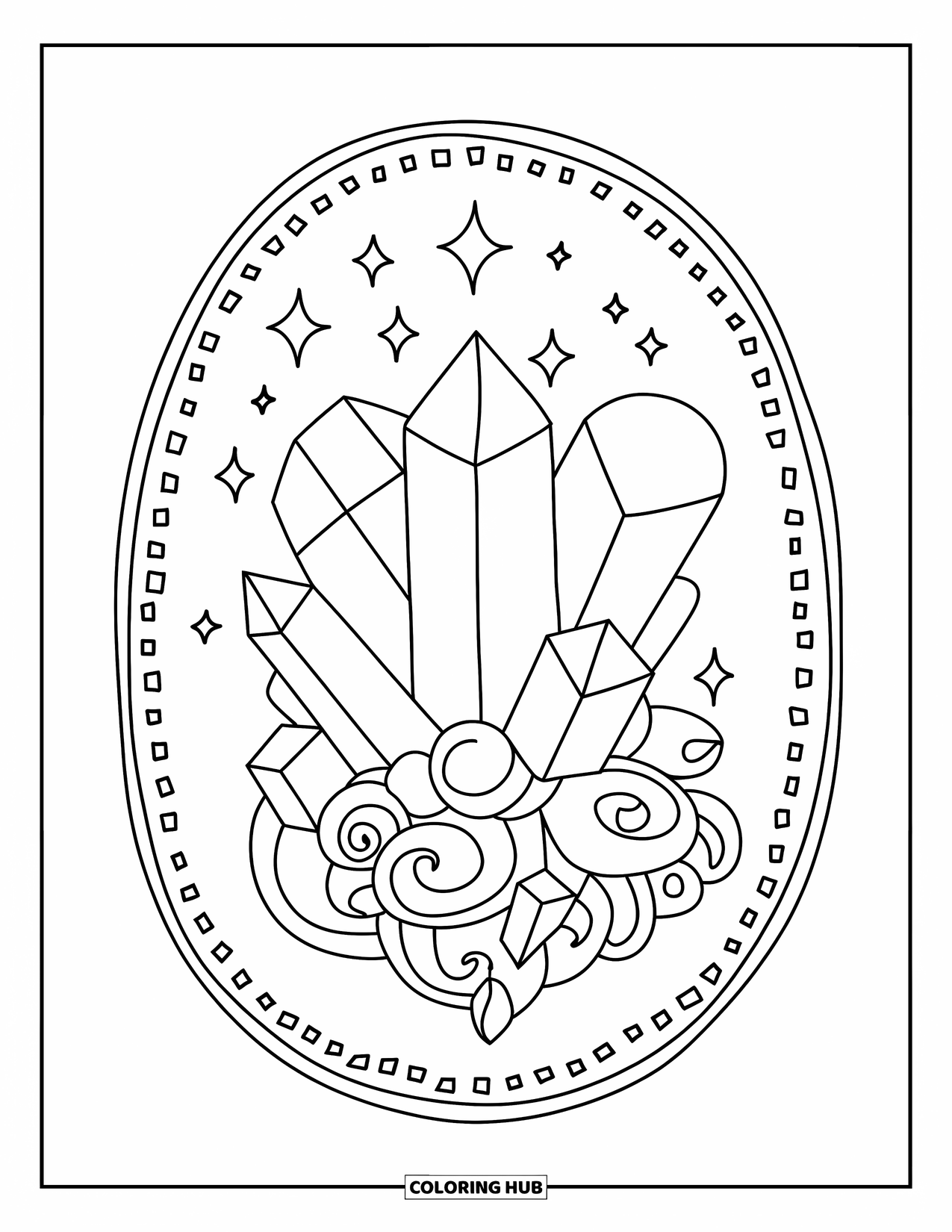 Boho Coloring Page for Kids: Mixed-shape crystals glow with stars and swirls in a dotted boho frame