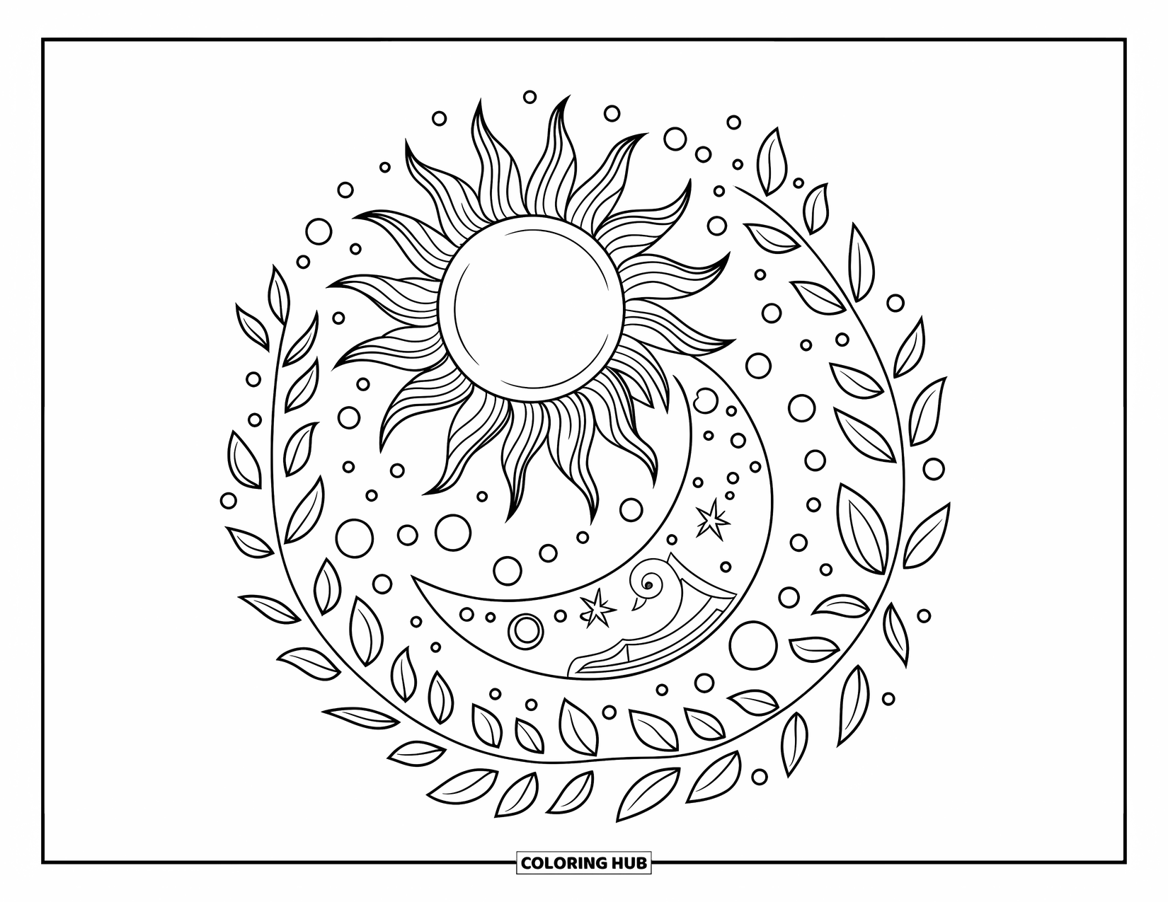 Boho Coloring Page for Kids: Sun and moon blend above leafy branches in a peaceful boho-style scene