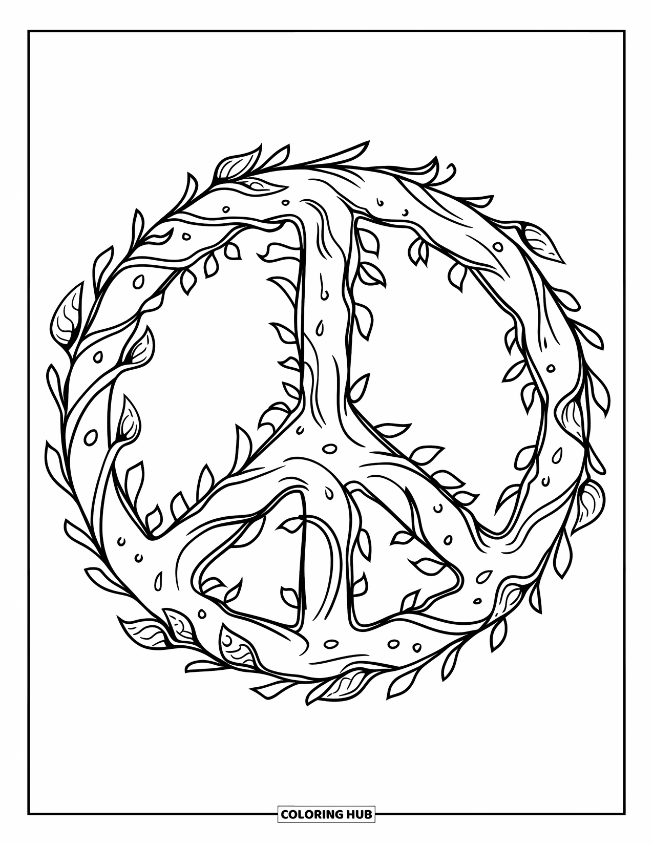 Boho Coloring Page for Kids: Vines and petals fill a rustic boho peace sign in a fun design