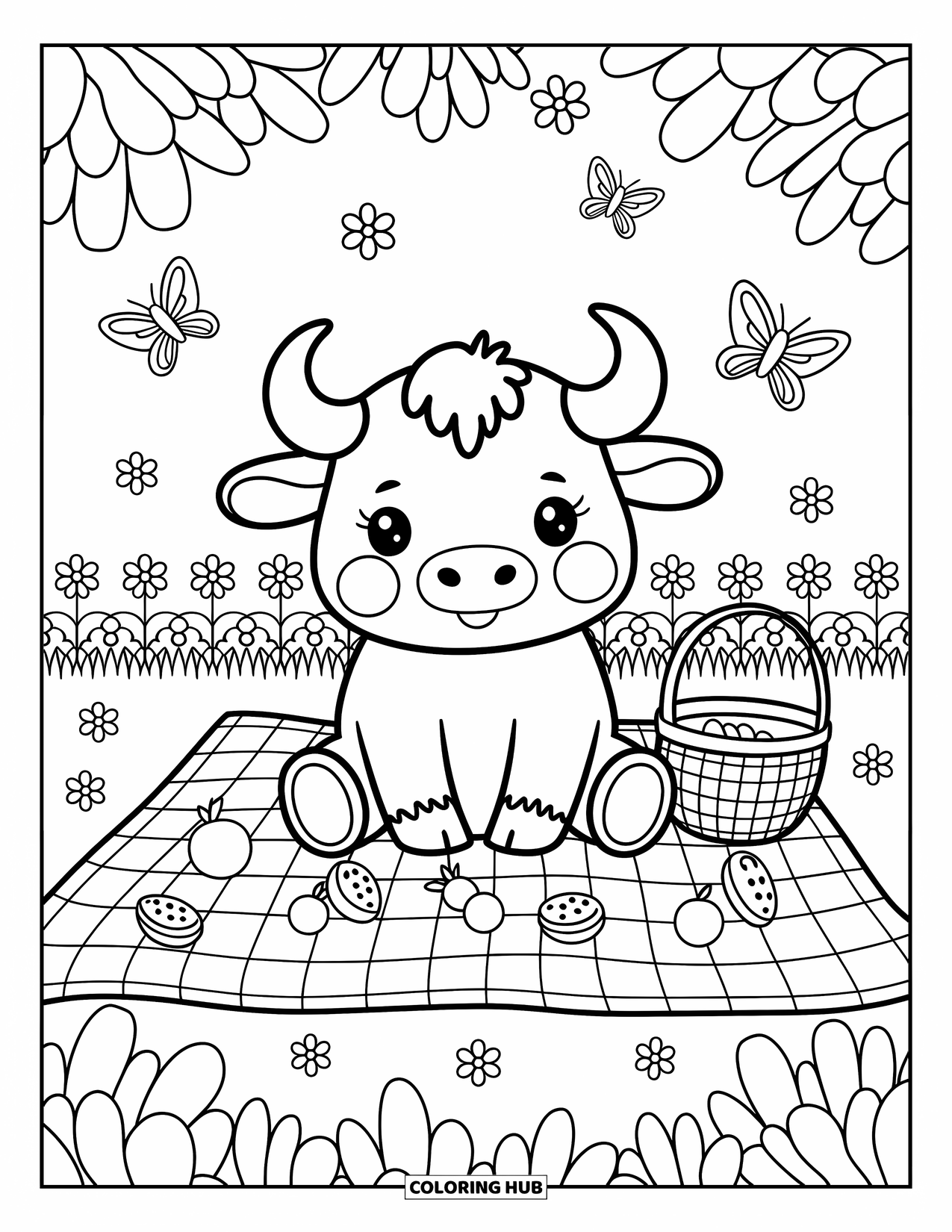Buffalo Coloring Page for Adults: A buffalo enjoys a picnic among butterflies and a gentle flower field