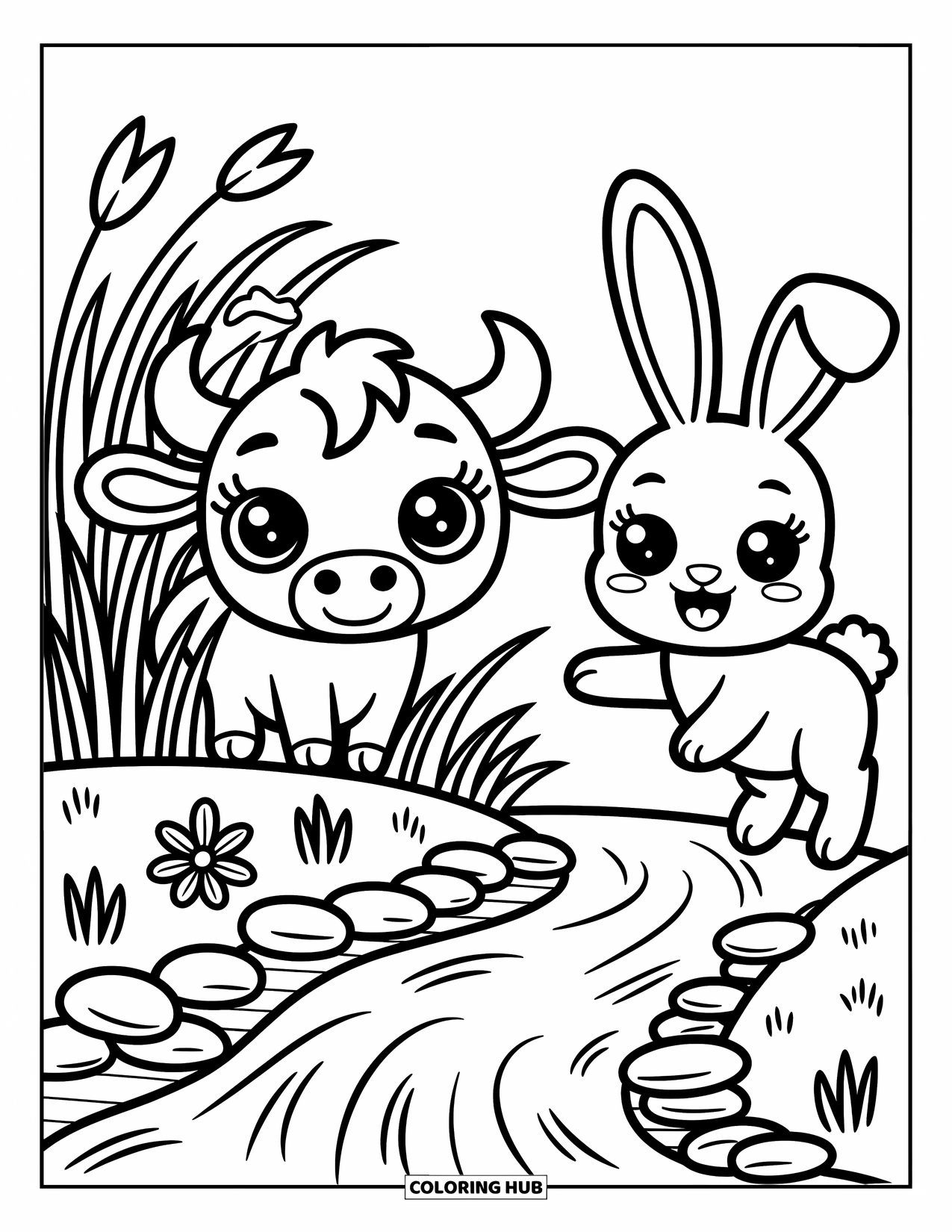 Buffalo Coloring Page for Adults: A buffalo peeks from behind grass as a bunny hops near a stream