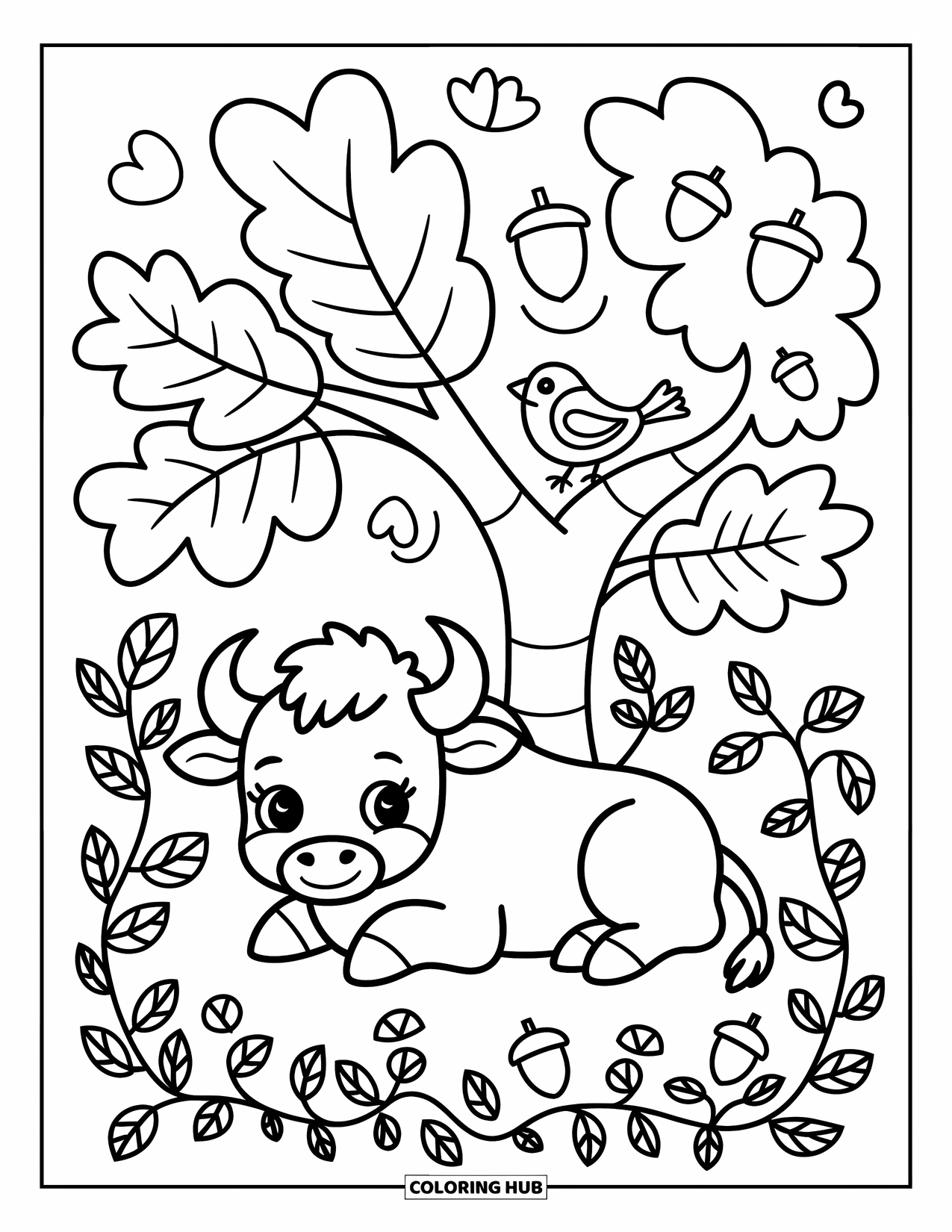 Buffalo Coloring Page for Adults: A buffalo relaxes under a whimsical tree while a bird perches on a branch
