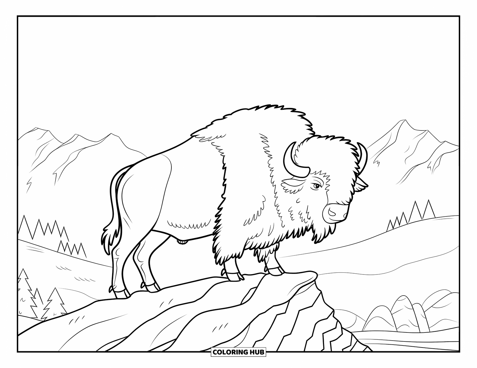 Buffalo Coloring Page for Adults: A buffalo stands proudly on a rocky ridge with mountains behind