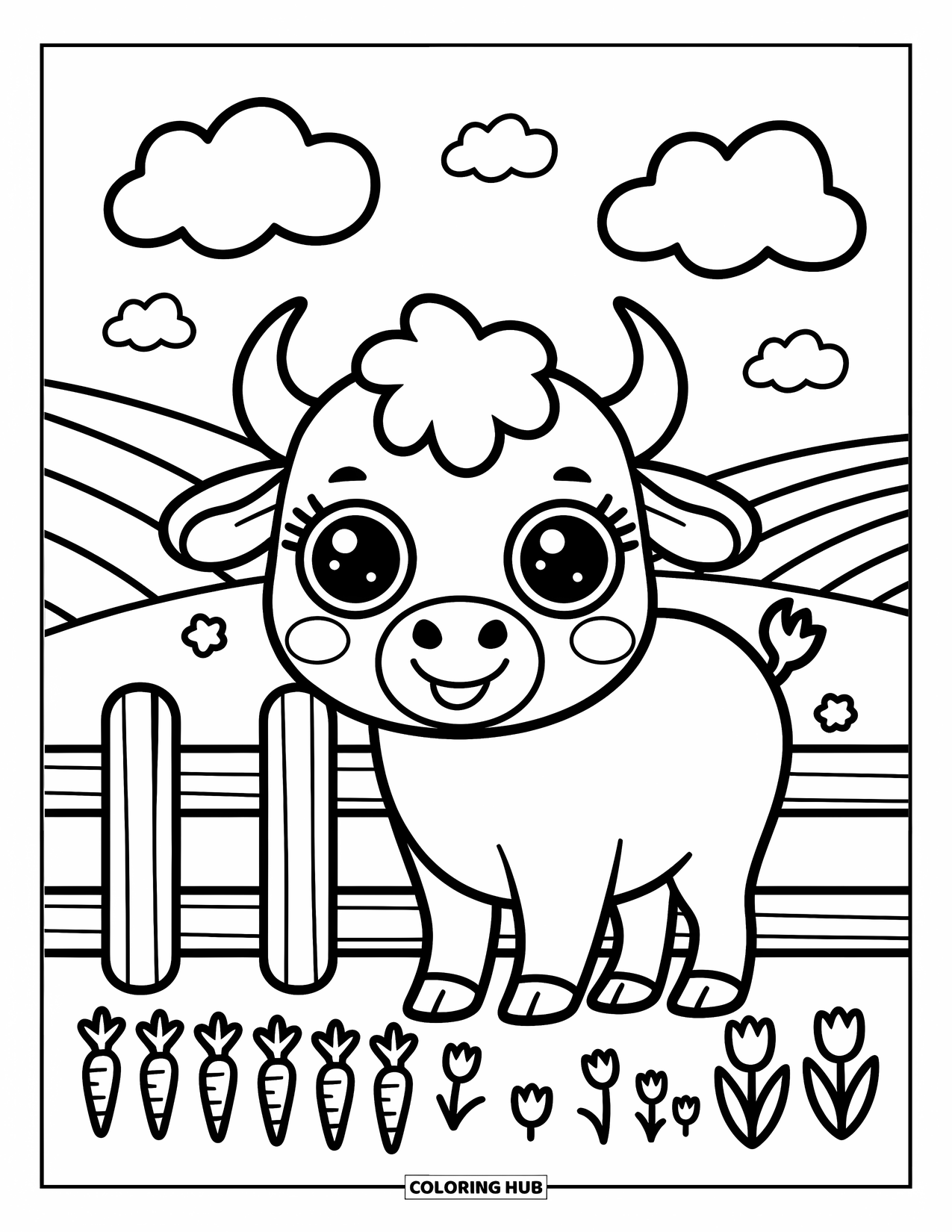 Buffalo Coloring Page for Adults: A buffalo with a gentle smile stands beside a fence and blooming veggies