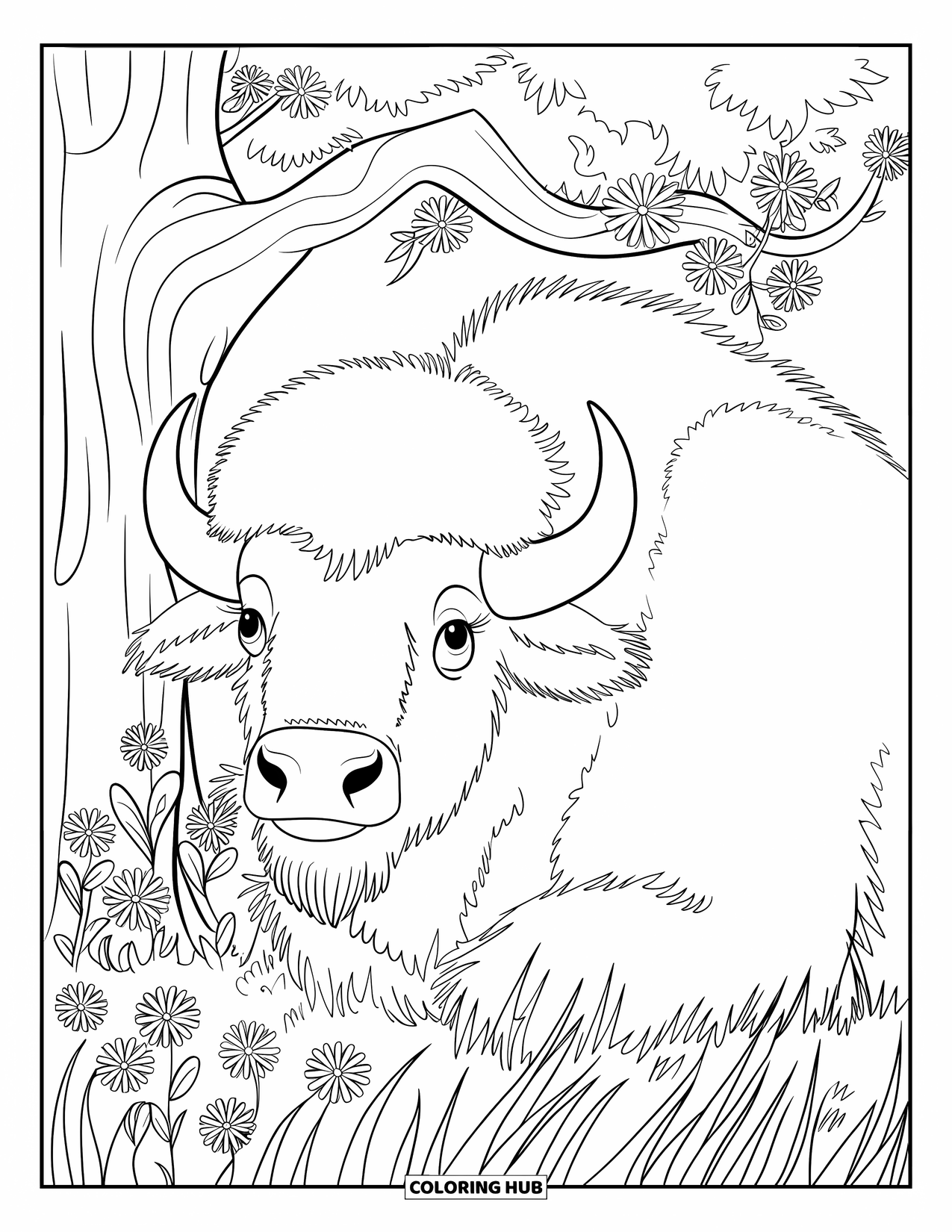 Buffalo Coloring Page for Adults: A buffalo with big eyes lies near flowers and a wide, leafy tree