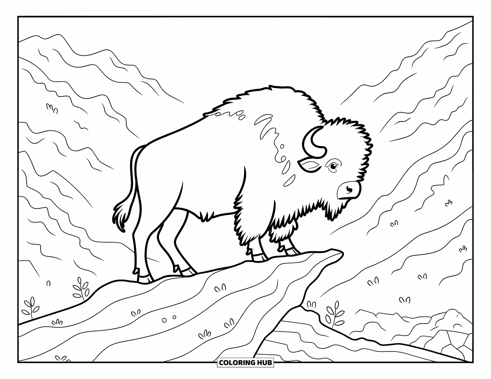 Buffalo Coloring Page for Adults: A buffalo with bold fur patterns stands on rocky terrain with textured mountain views