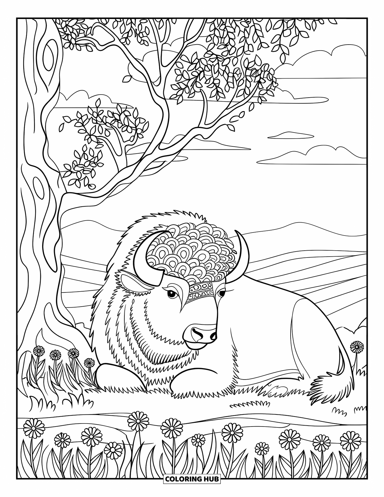 Buffalo Coloring Page for Adults: A calm buffalo rests beside a tree with grass and wildflowers around