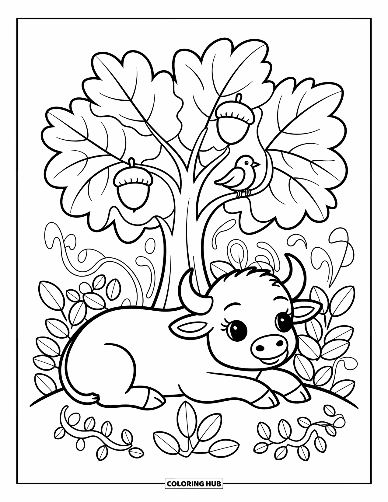Buffalo Coloring Page for Adults: A cozy buffalo lies under a tree with big leaves, vines, and a small bird
