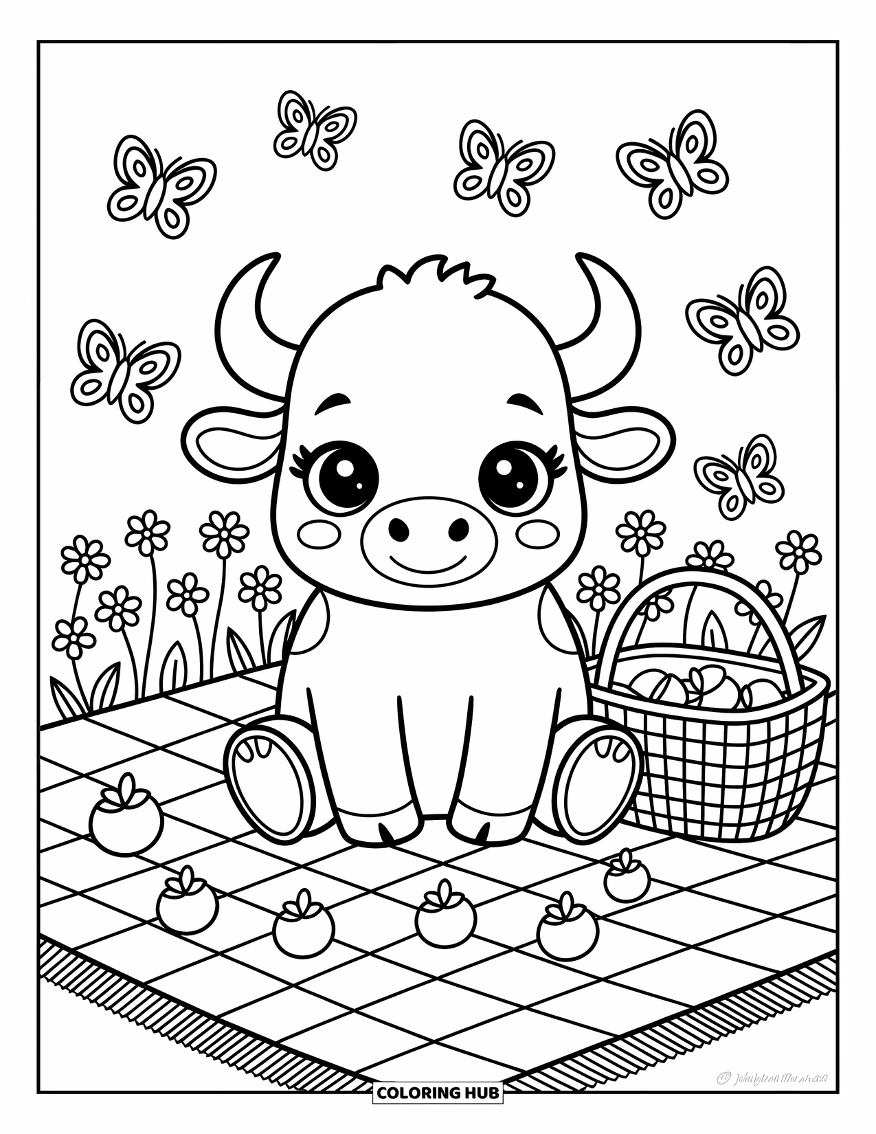 Buffalo Coloring Page for Adults: A cute buffalo sits on a picnic blanket with fruits and fluttering butterflies