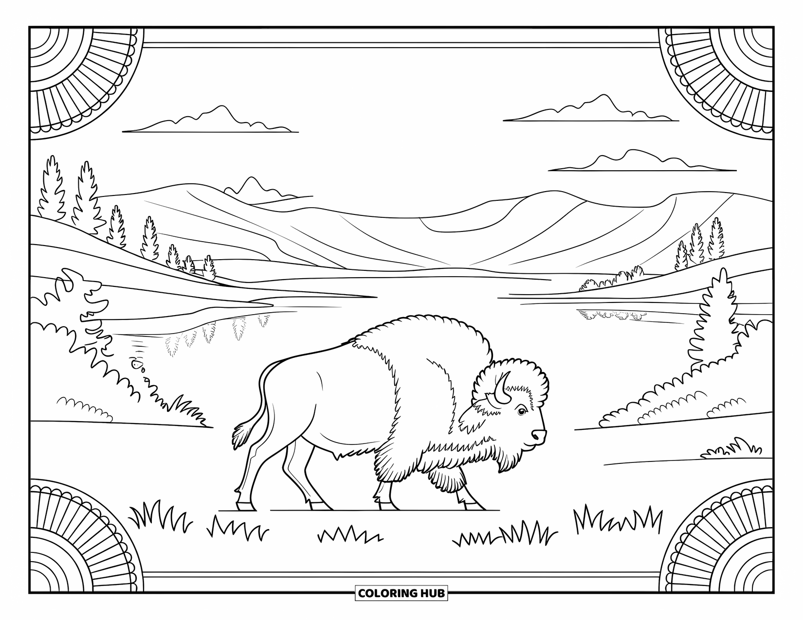 Buffalo Coloring Page for Adults: A distant buffalo walks past a lake, hills, and clouds in a peaceful scene