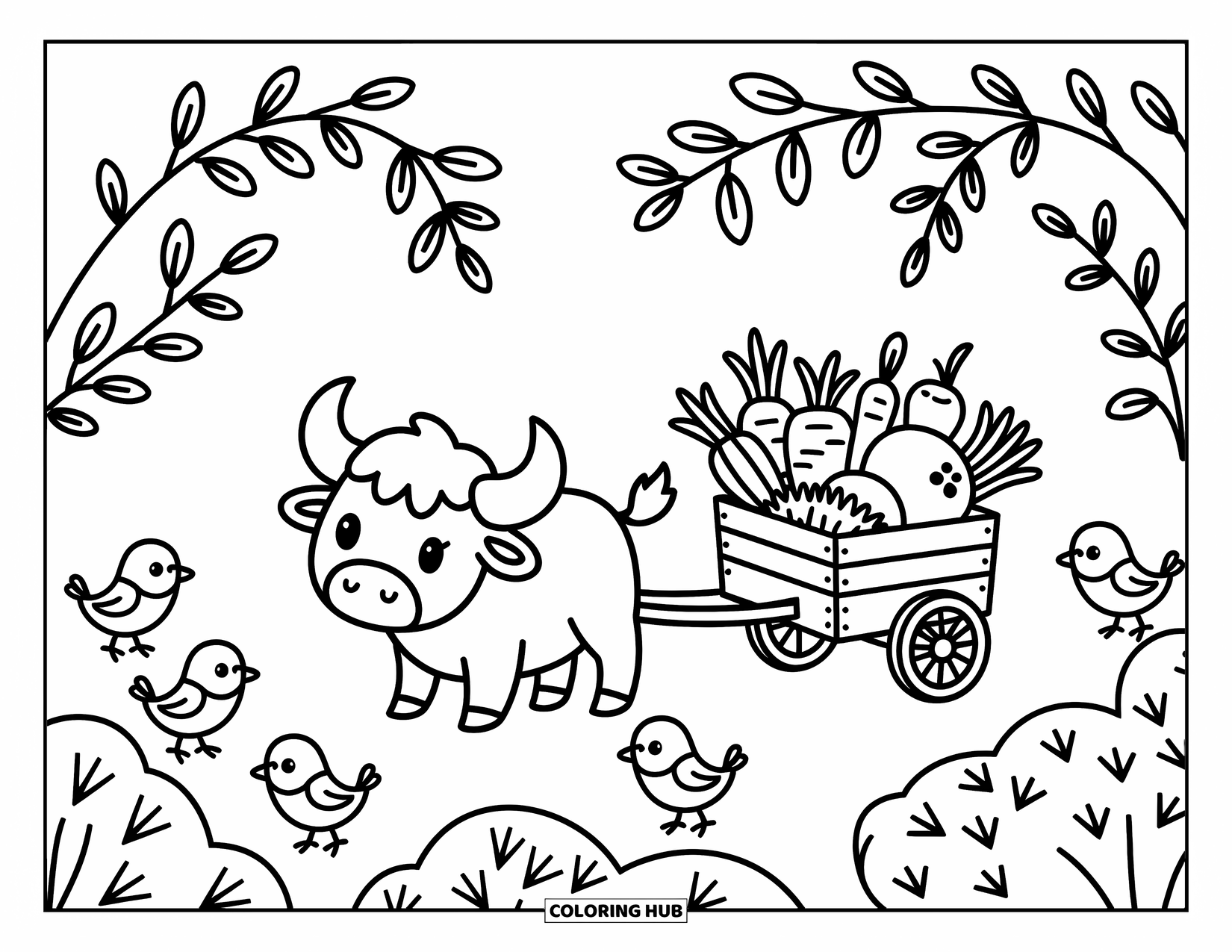 Buffalo Coloring Page for Adults: A gentle buffalo hauls a wooden cart with hay and veggies under soft trees