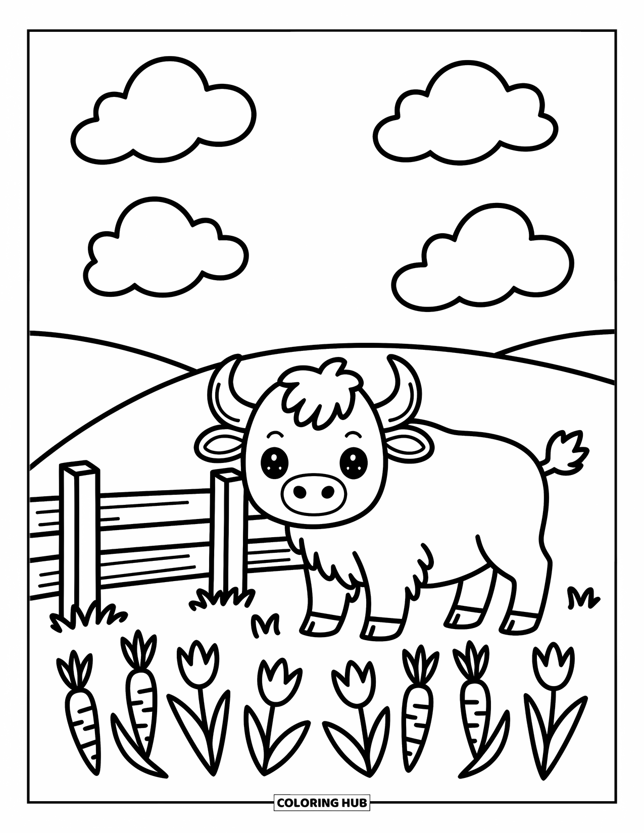 Buffalo Coloring Page for Adults: A smiling buffalo stands by a wooden fence under a sky full of fluffy clouds