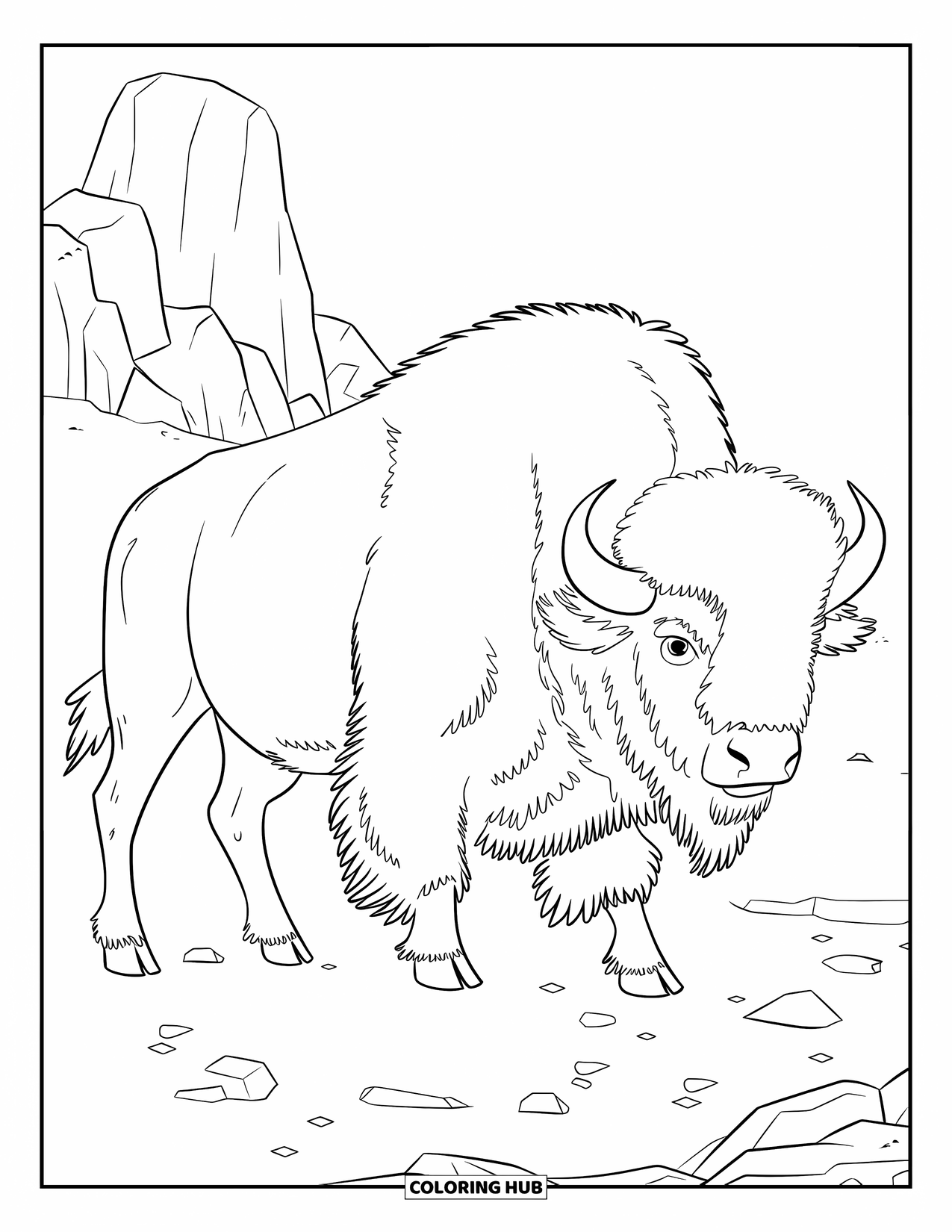 Buffalo Coloring Page for Adults: A strong buffalo walks past rocky terrain and a large outcrop