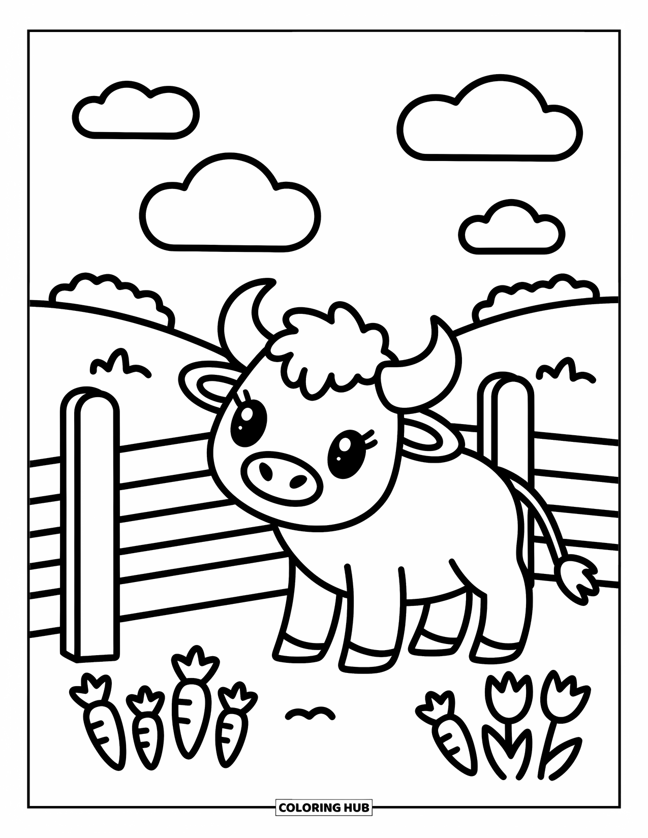 Buffalo Coloring Page for Adults: A sweet buffalo stands near a fence, flowers, and soft rolling hills