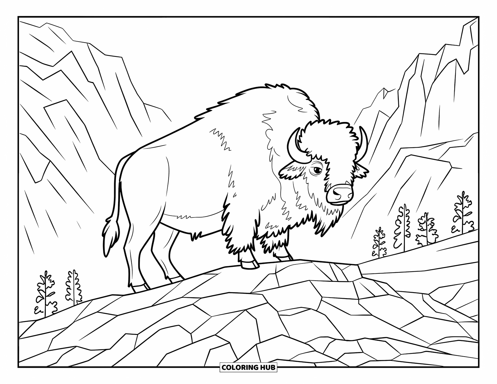 Buffalo Coloring Page for Adults: A thick-coated buffalo stands tall on a scenic mountain ridge