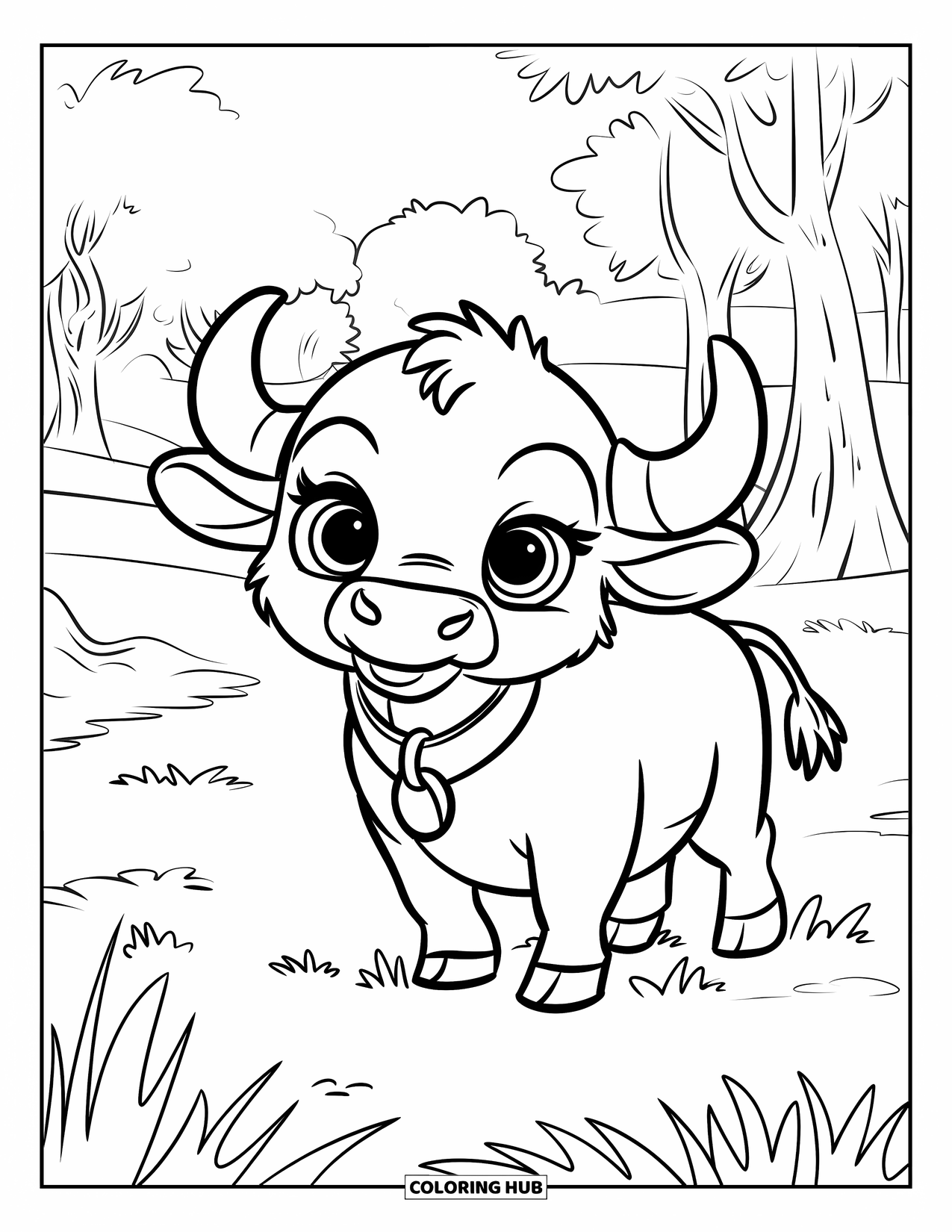 Buffalo Coloring Page for Kids: A baby buffalo with big eyes and a collar stands near trees