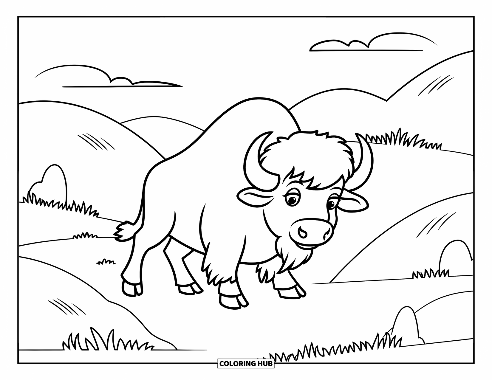 Buffalo Coloring Page for Kids: A big-horned buffalo walks through sloped hills and grassy patches