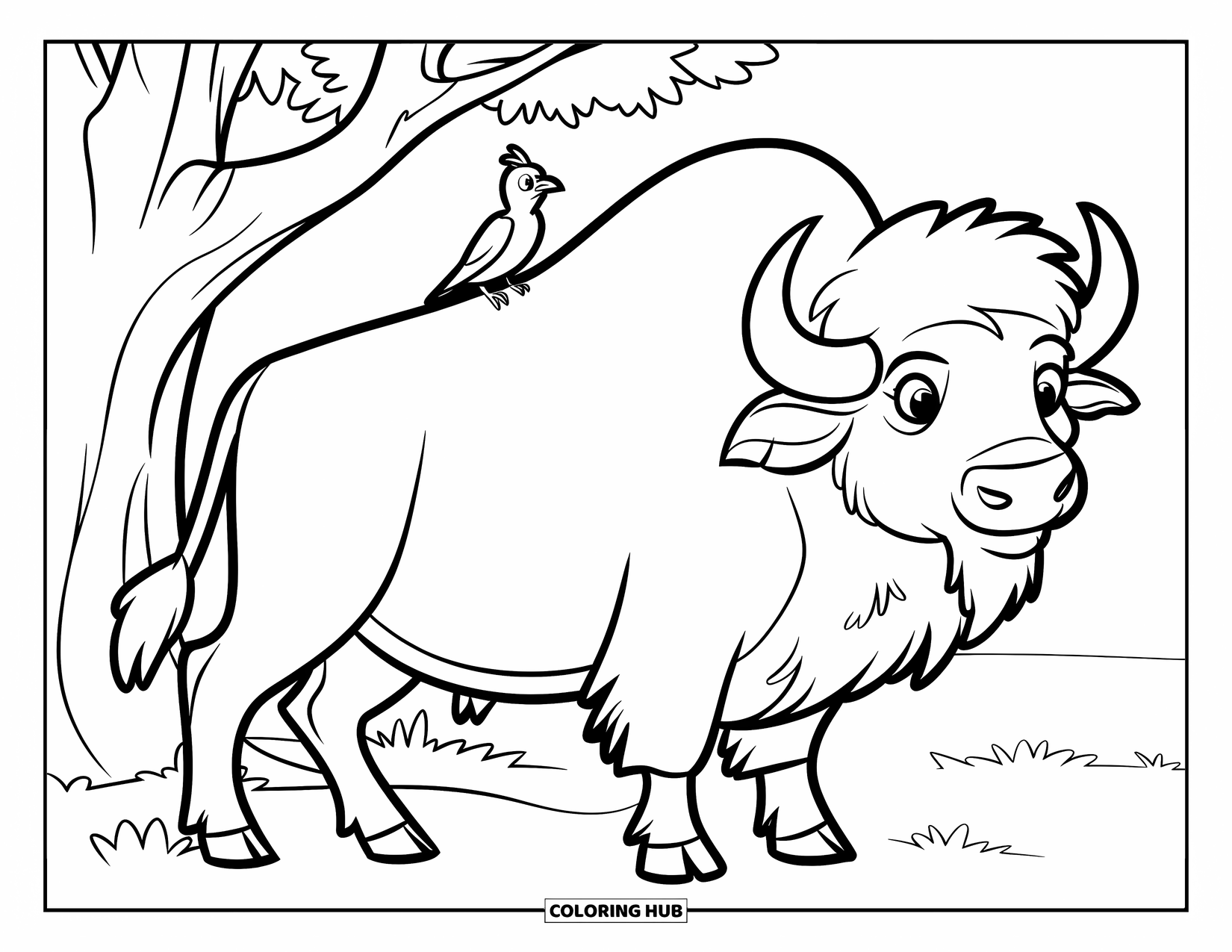 Buffalo Coloring Page for Kids: A buffalo and a bird rest near a tree in a grassy field