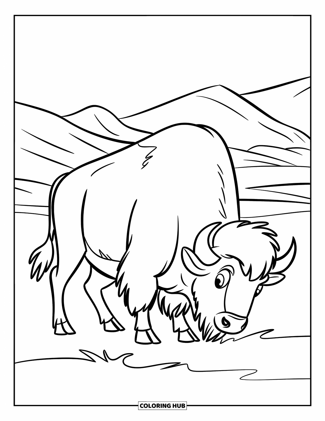 Buffalo Coloring Page for Kids: A buffalo grazes peacefully in a field with mountain outlines in back