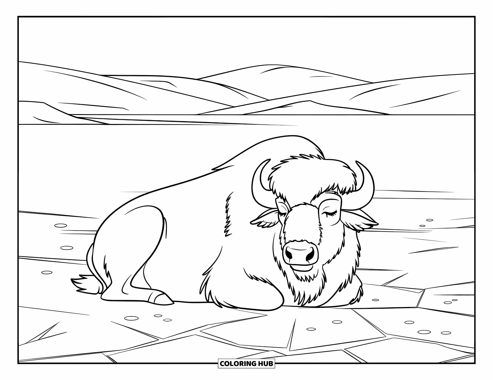 Buffalo Coloring Page for Kids: A buffalo lies near cracked dry ground with hills far behind