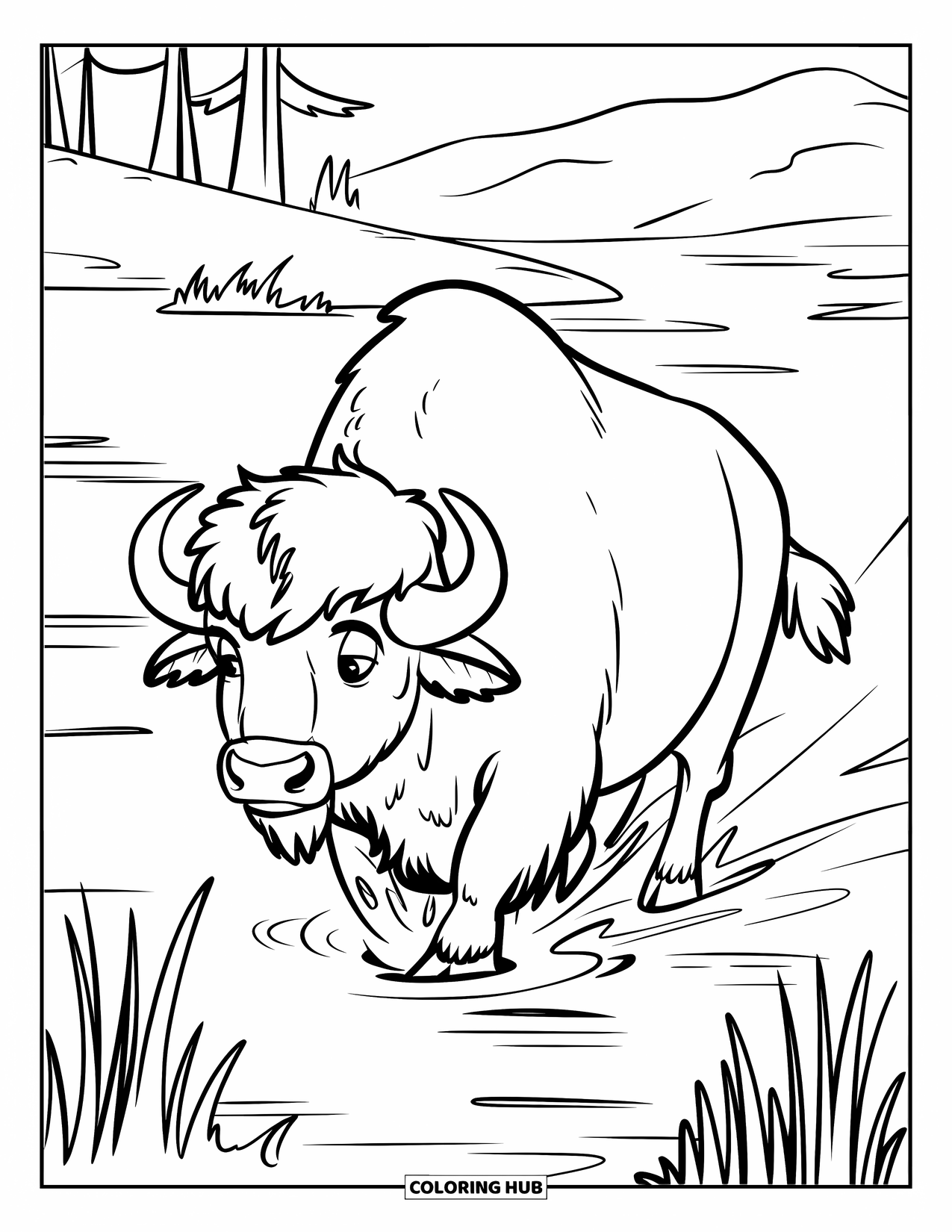Buffalo Coloring Page for Kids: A buffalo splashes through shallow water with mountains in the distance