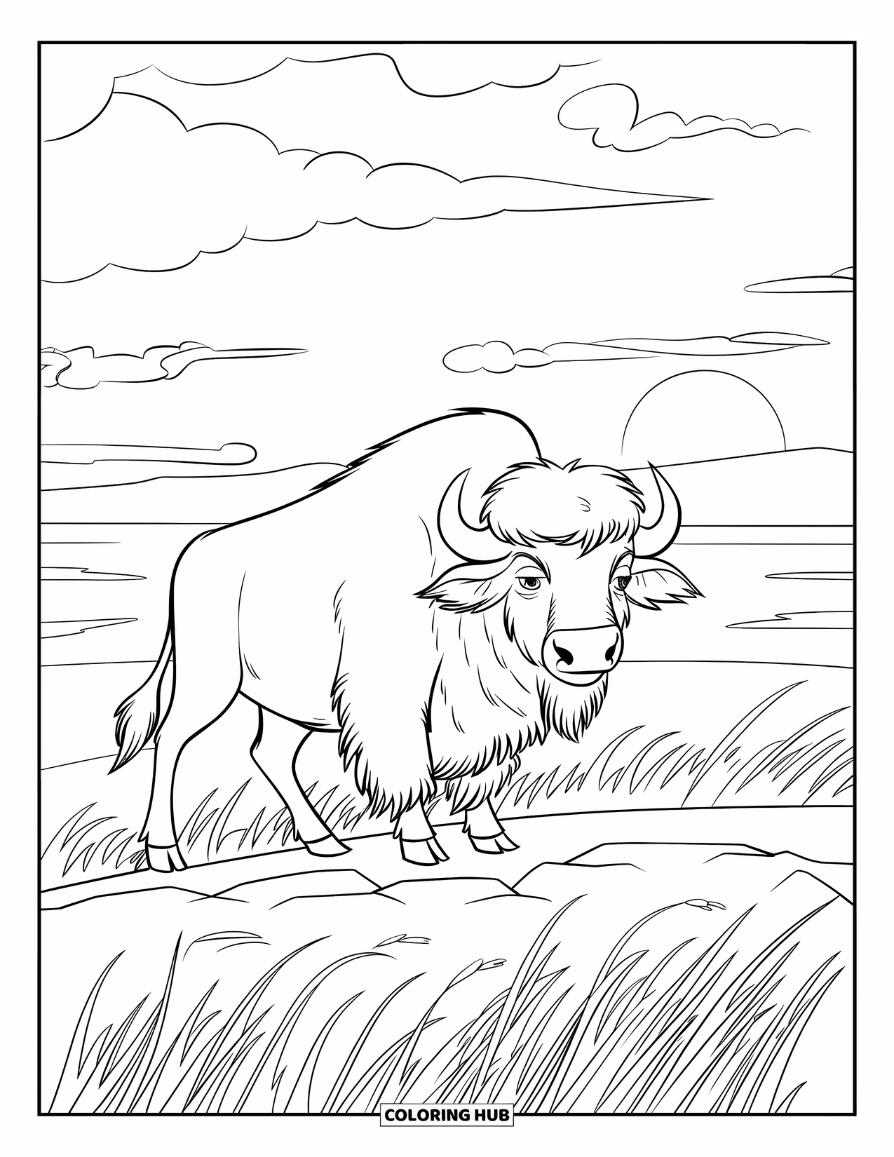 Buffalo Coloring Page for Kids: A buffalo stands beneath dramatic clouds and swaying grass on rocky ground