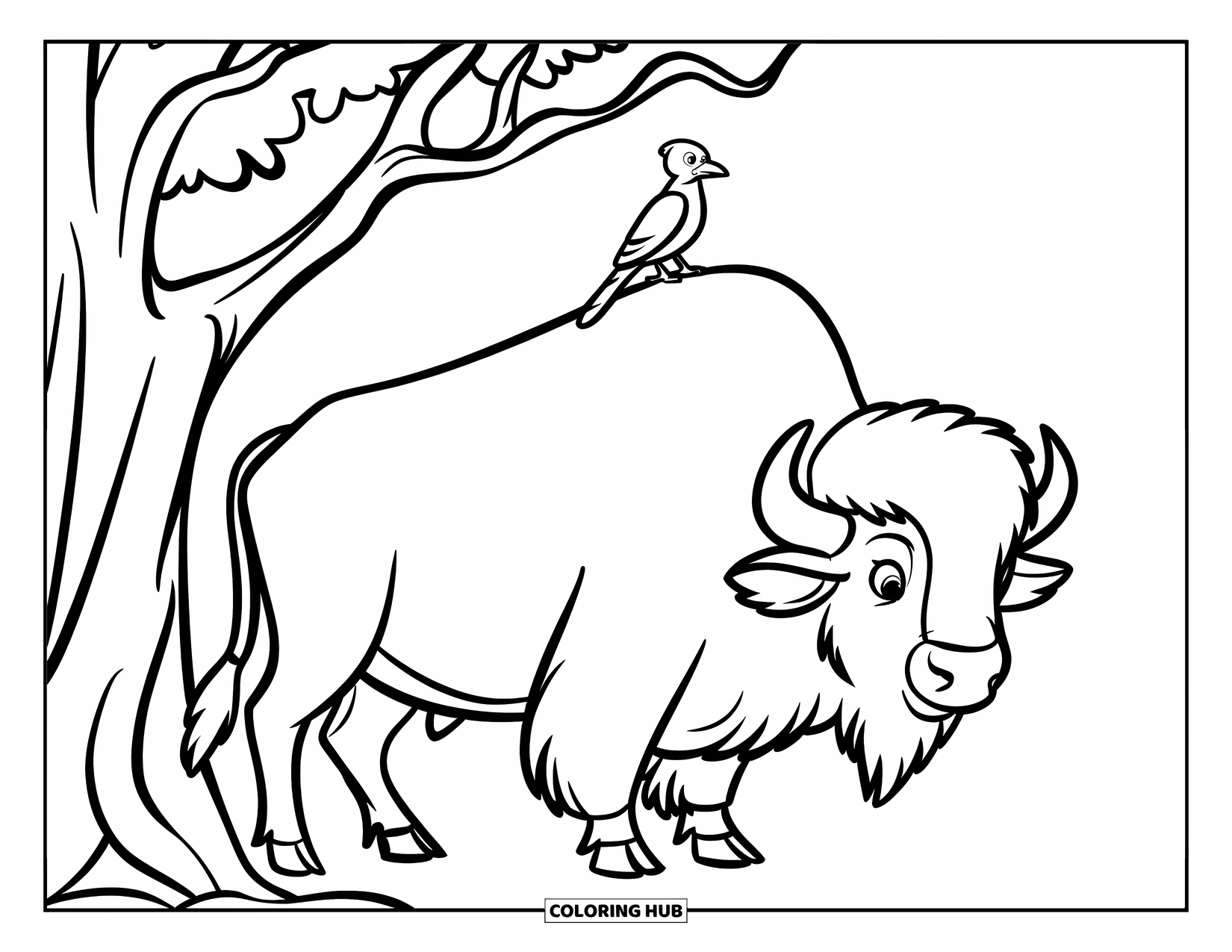 Buffalo Coloring Page for Kids: A buffalo stands beside a tree with a bird on its back