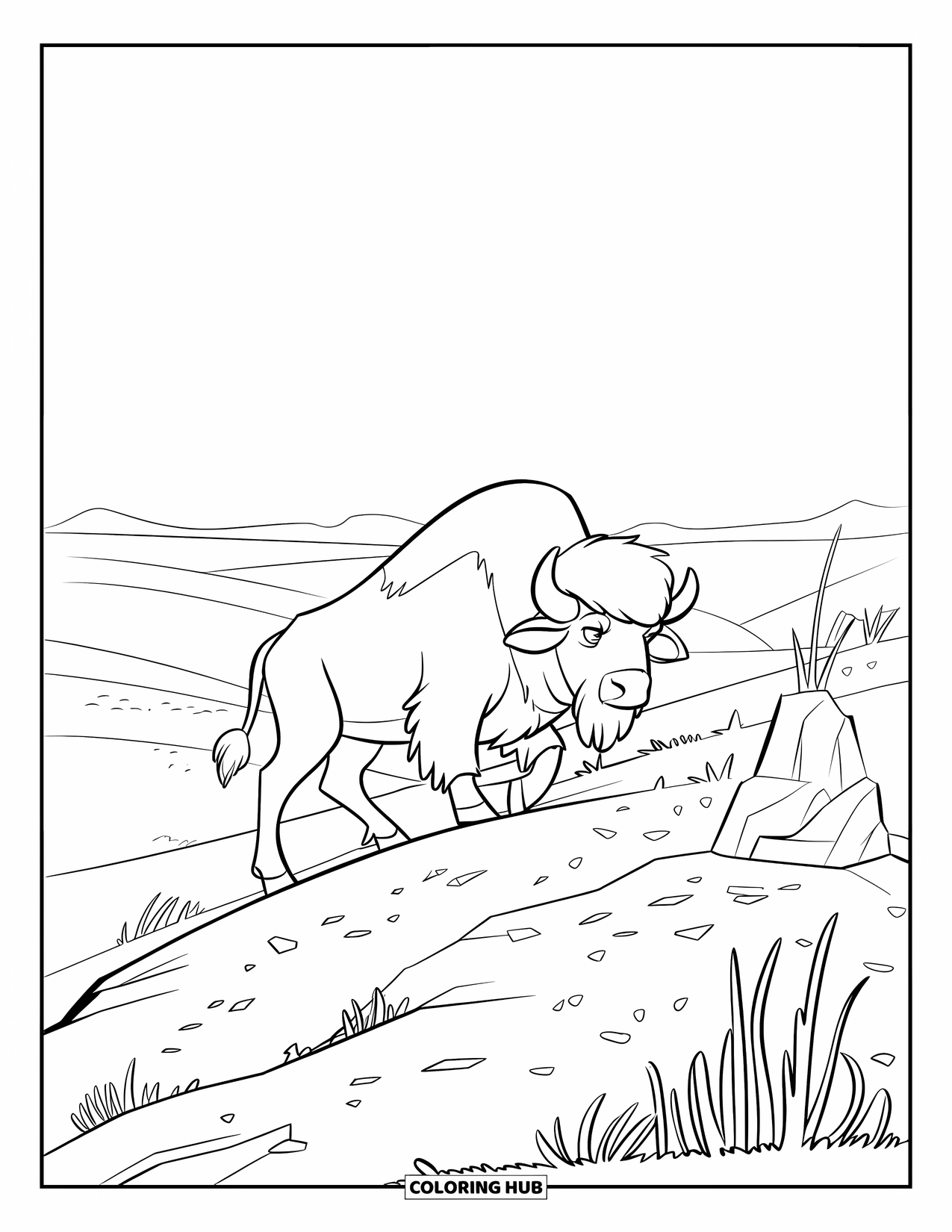 Buffalo Coloring Page for Kids: A buffalo strides over a rocky hilltop with sparse plants and a wide view