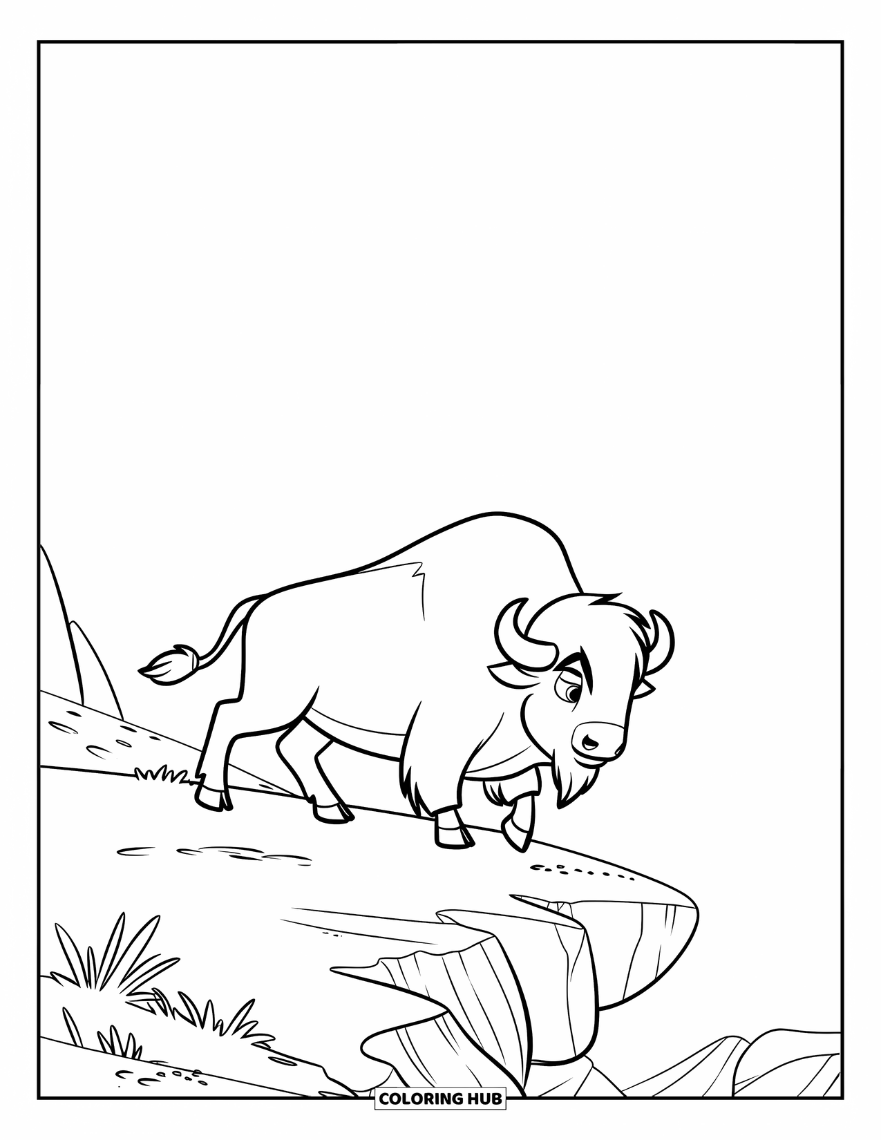 Buffalo Coloring Page for Kids: A buffalo walks along a rocky hilltop under a clear sky