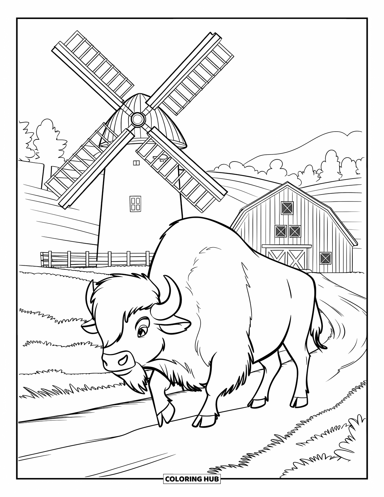 Buffalo Coloring Page for Kids: A buffalo walks near a windmill and barn with rolling hills and trees