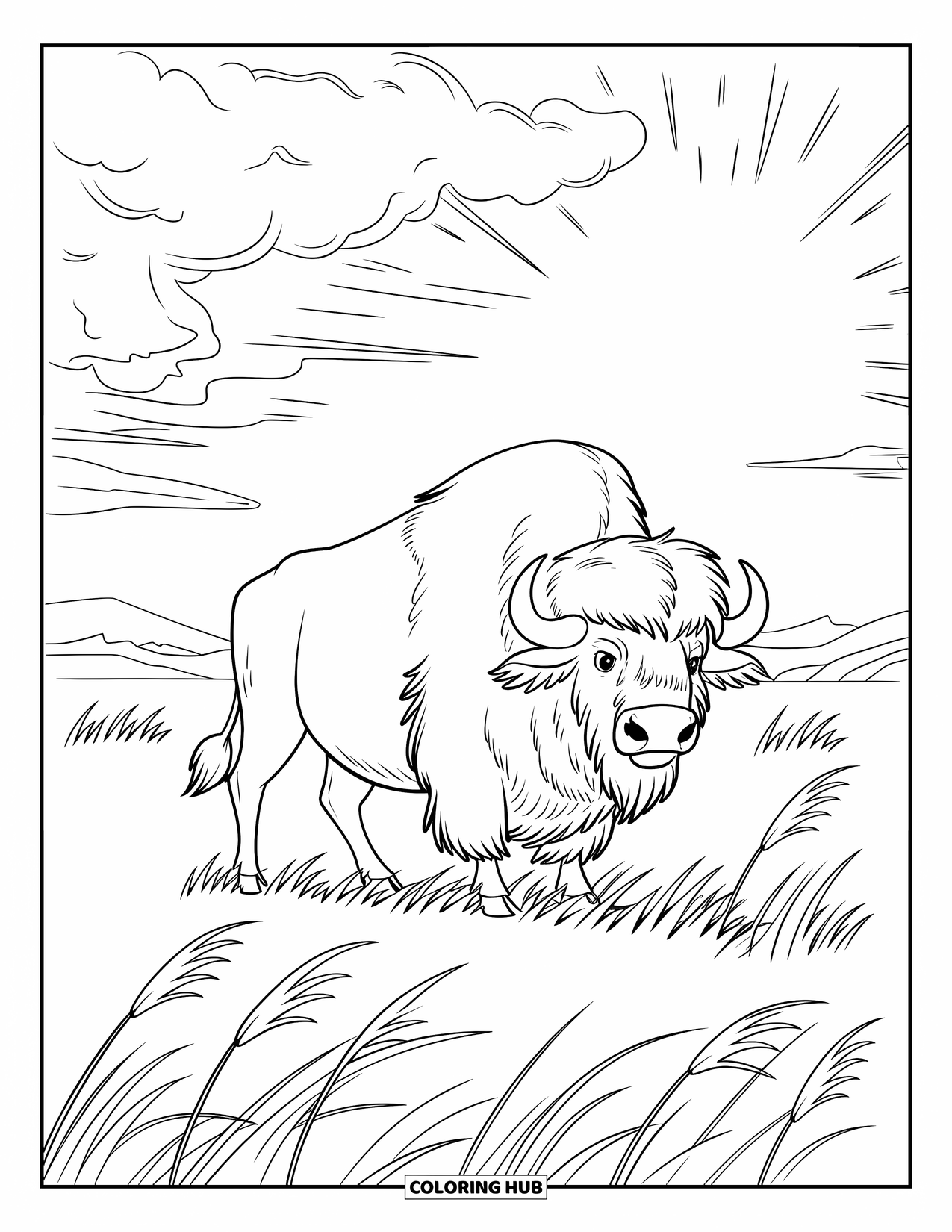 Buffalo Coloring Page for Kids: A buffalo with a thick coat stands tall under a dramatic, cloudy sky