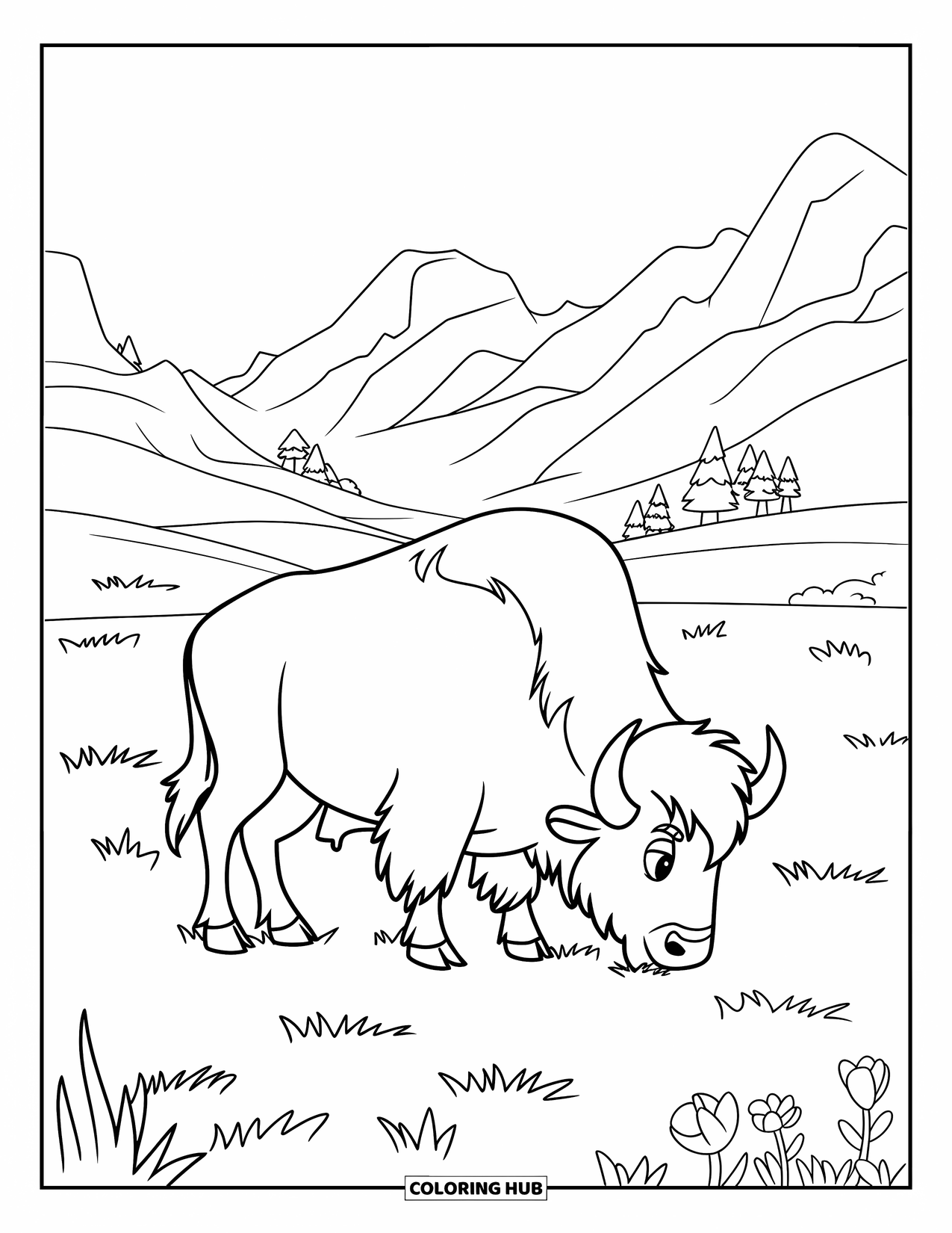 Buffalo Coloring Page for Kids: A crowned buffalo grazes near flowers with mountains in the distance