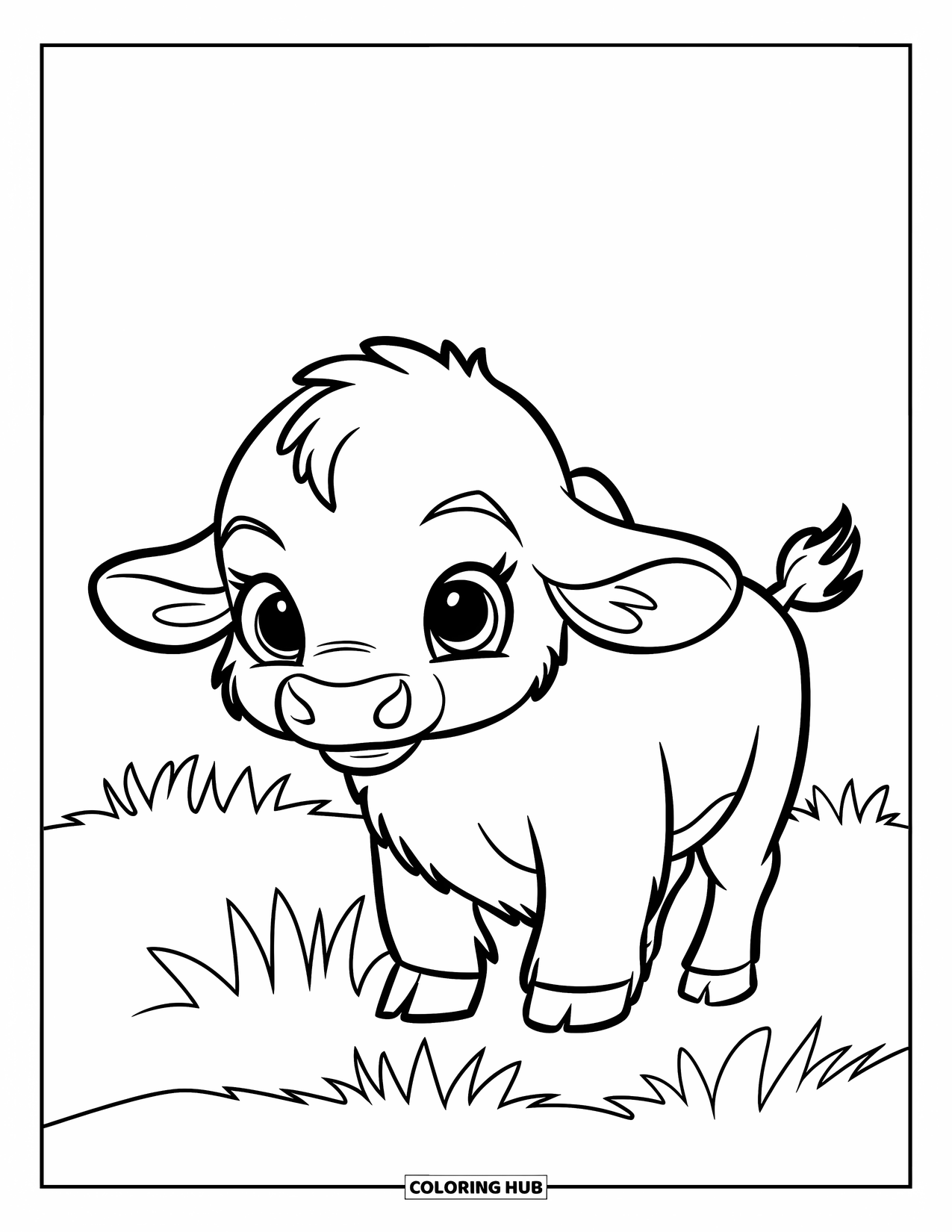 Buffalo Coloring Page for Kids: A cute baby buffalo stands in a grassy field under a blank sky