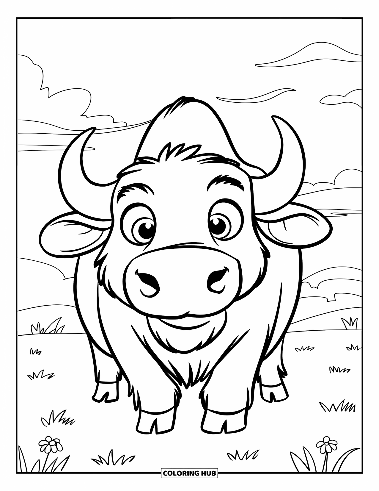 Buffalo Coloring Page for Kids: A front-facing buffalo with round eyes stands among flowers and clouds