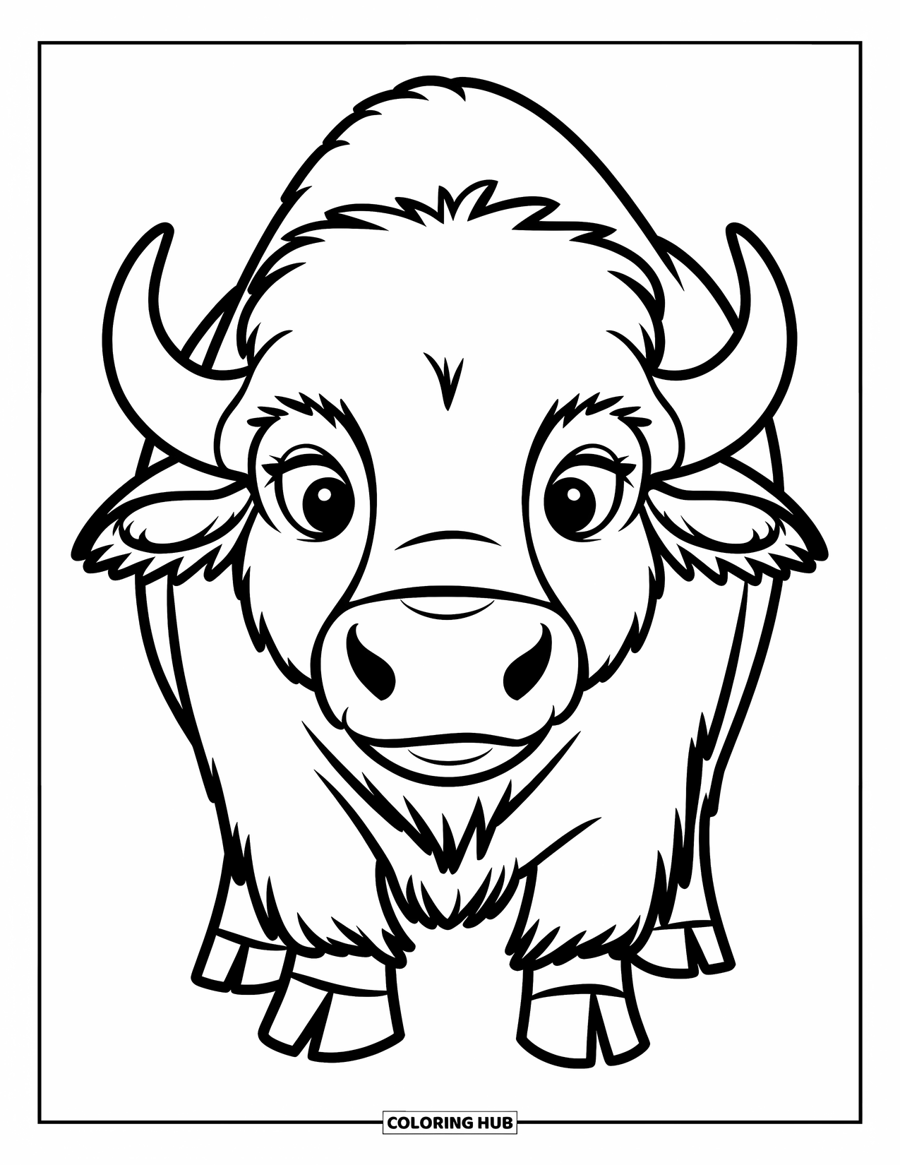 Buffalo Coloring Page for Kids: A happy buffalo stands in grass with bold, simple features
