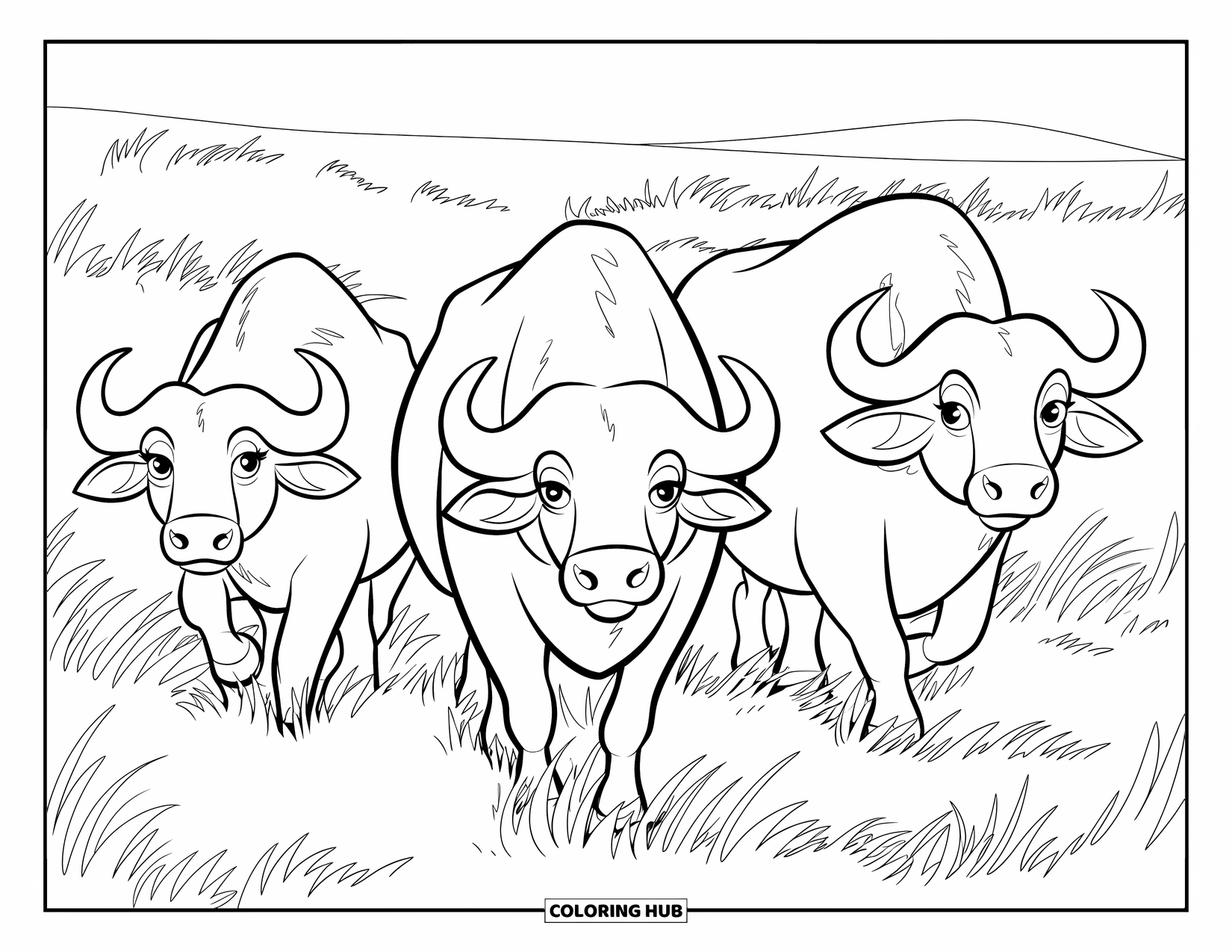 Buffalo Coloring Page for Kids: A herd of buffaloes walks through tall grass in a wide open space