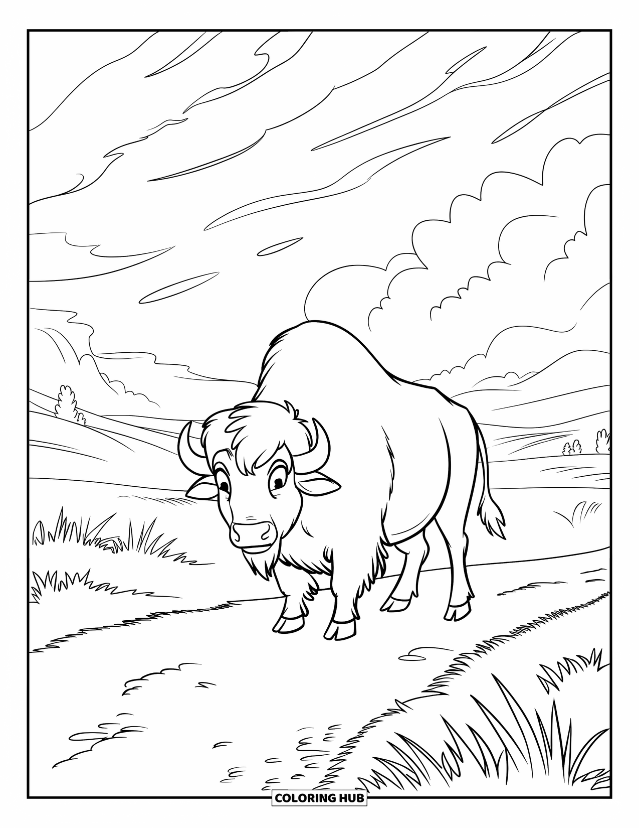Buffalo Coloring Page for Kids: A lone buffalo lowers its head under a moody sky and blowing grass