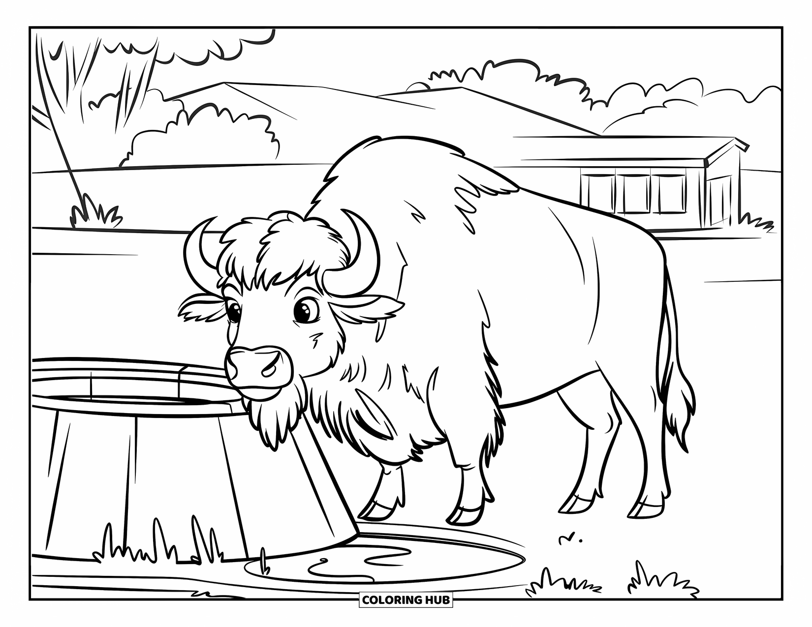 Buffalo Coloring Page for Kids: A ranch buffalo stands beside a trough on a field with trees and a barn