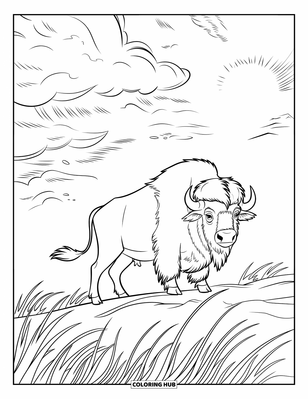 Buffalo Coloring Page for Kids: A rugged buffalo stands strong in the wind with dark clouds above