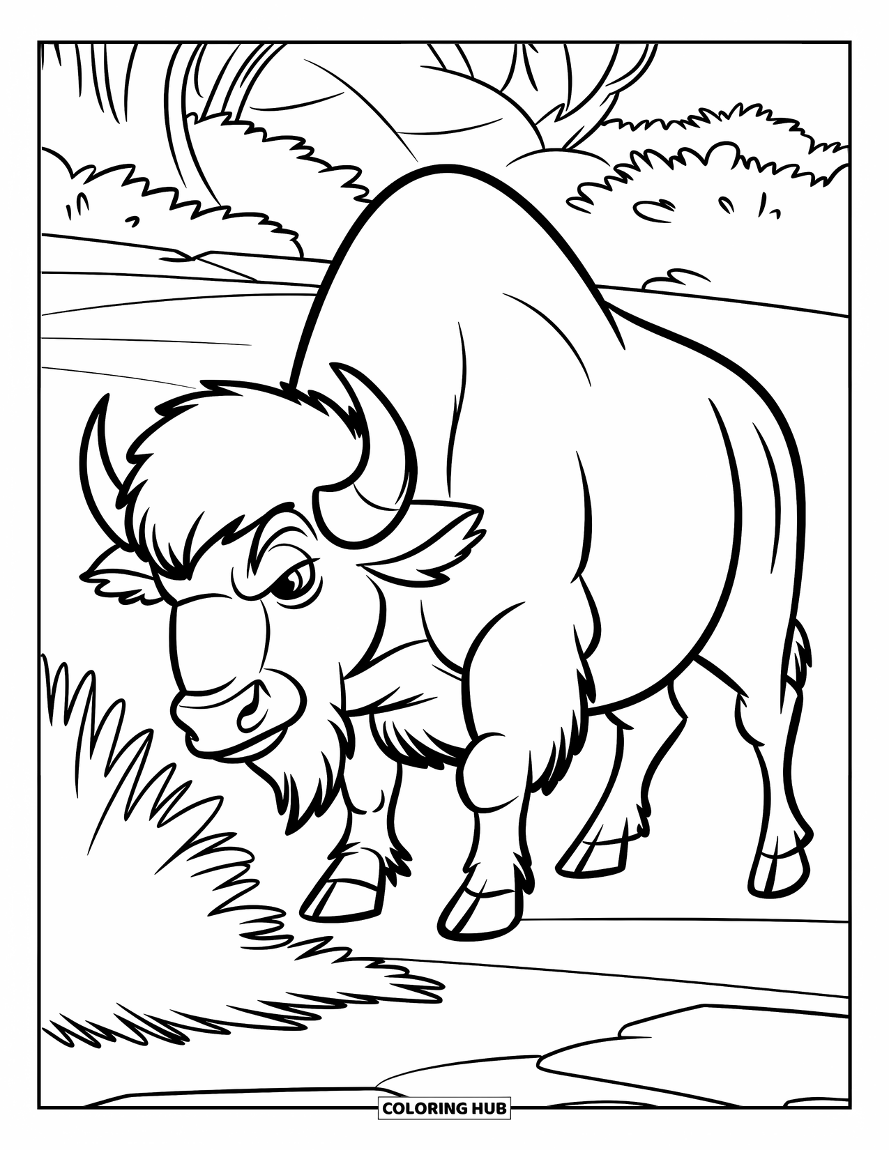 Buffalo Coloring Page for Kids: A side-facing buffalo stands strong near a dry bush in open terrain