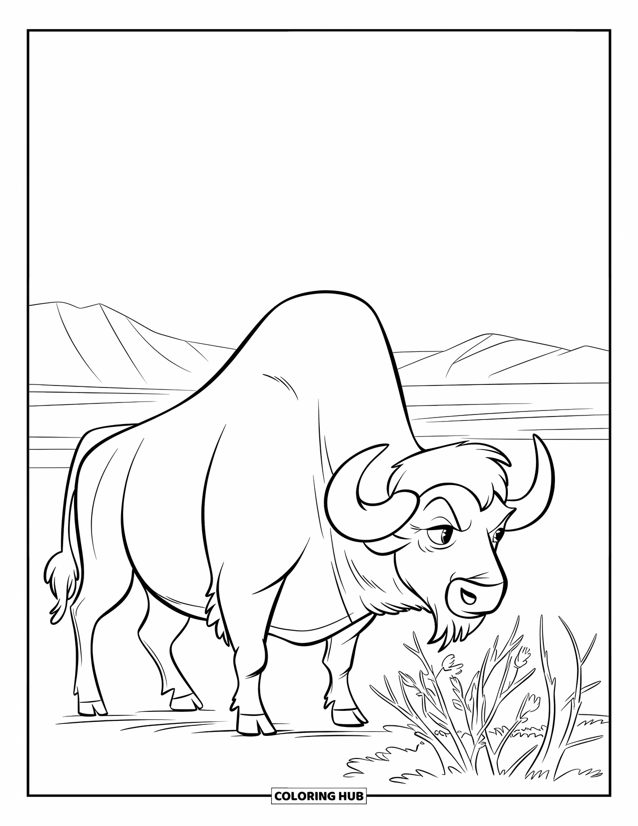Buffalo Coloring Page for Kids: A side-view buffalo stands alone with distant mountains in the background