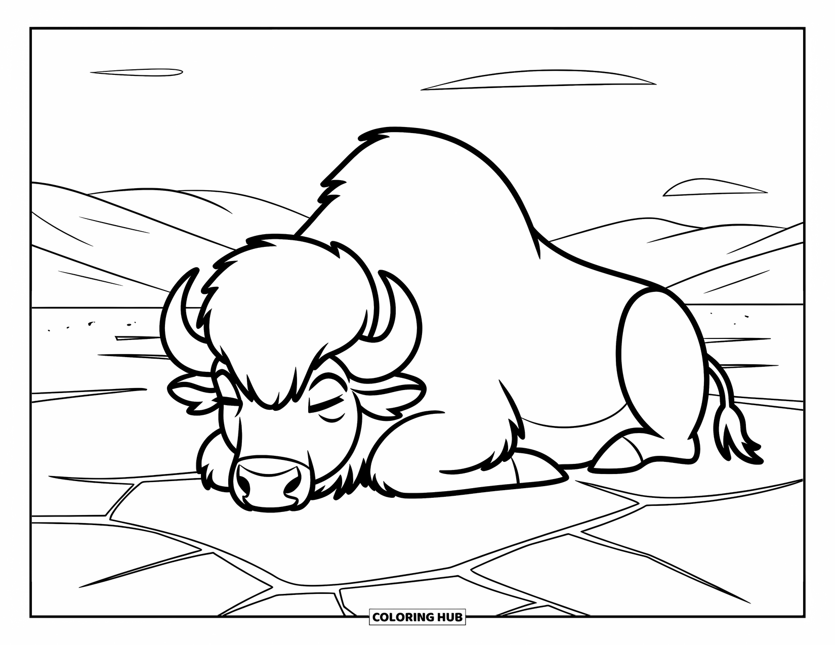 Buffalo Coloring Page for Kids: A sleepy buffalo lies on dry ground beneath a cloudy sky
