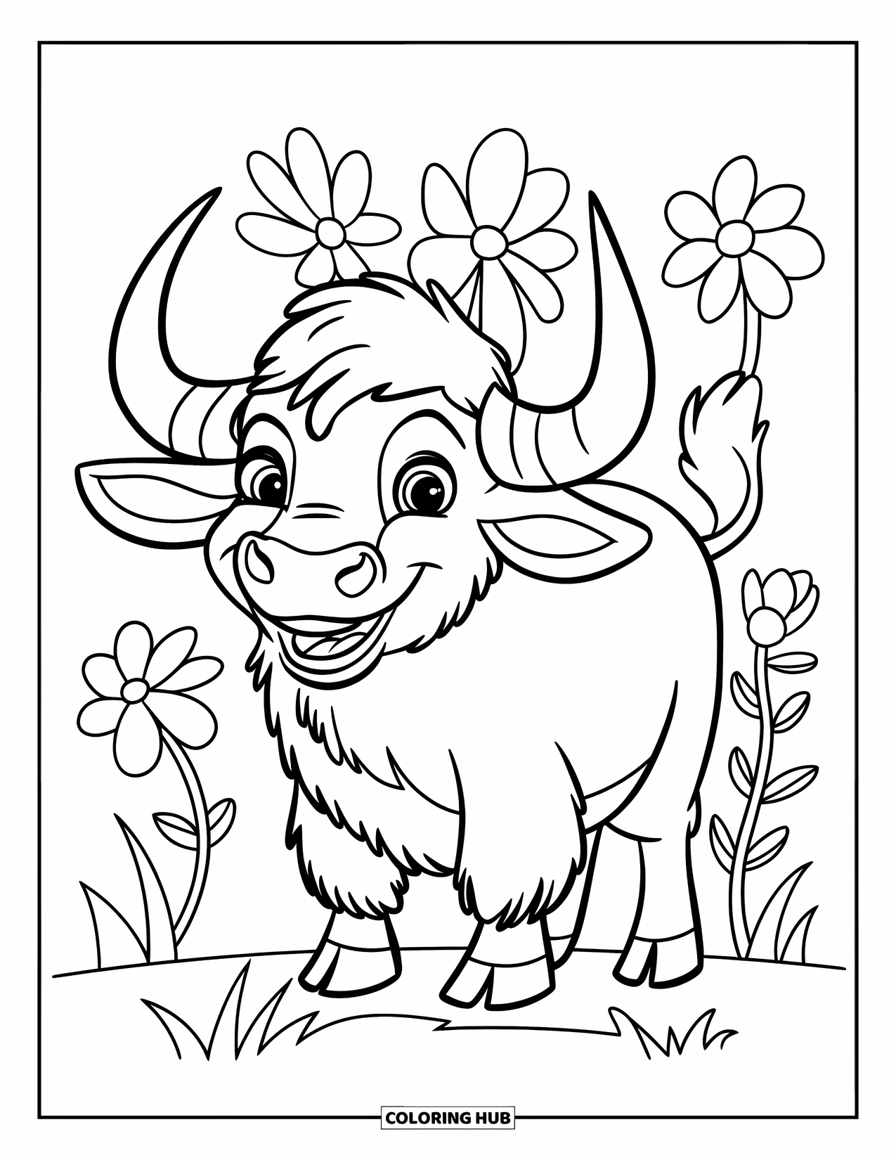 Buffalo Coloring Page for Kids: A smiling buffalo with big horns stands in grass with flowers nearby