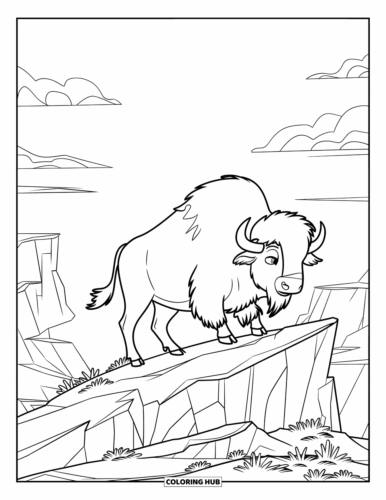 Buffalo Coloring Page for Kids: A strong buffalo walks a rocky path with distant hills behind