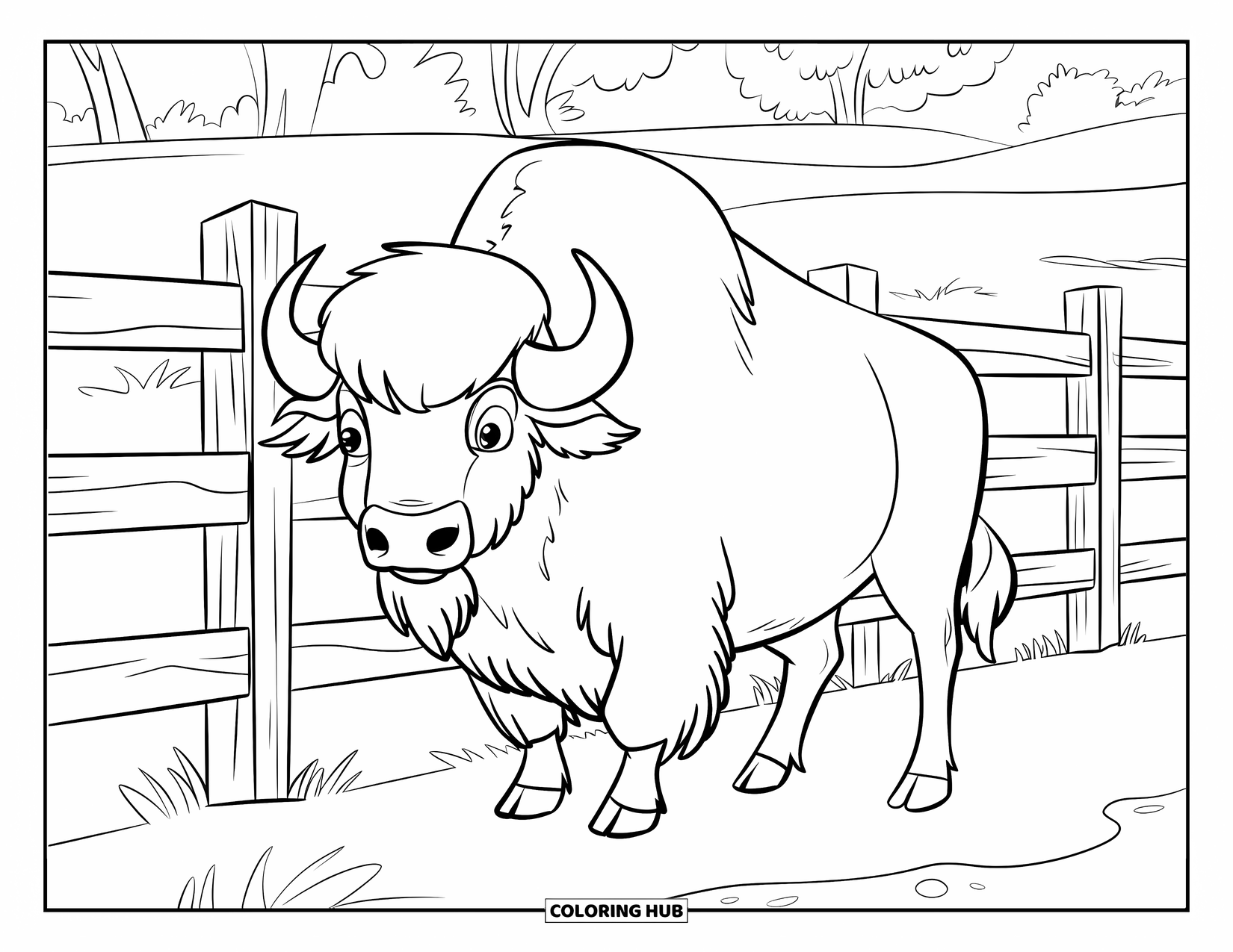 Buffalo Coloring Page for Kids: A thick-coated buffalo stands proudly beside a post-style ranch fence